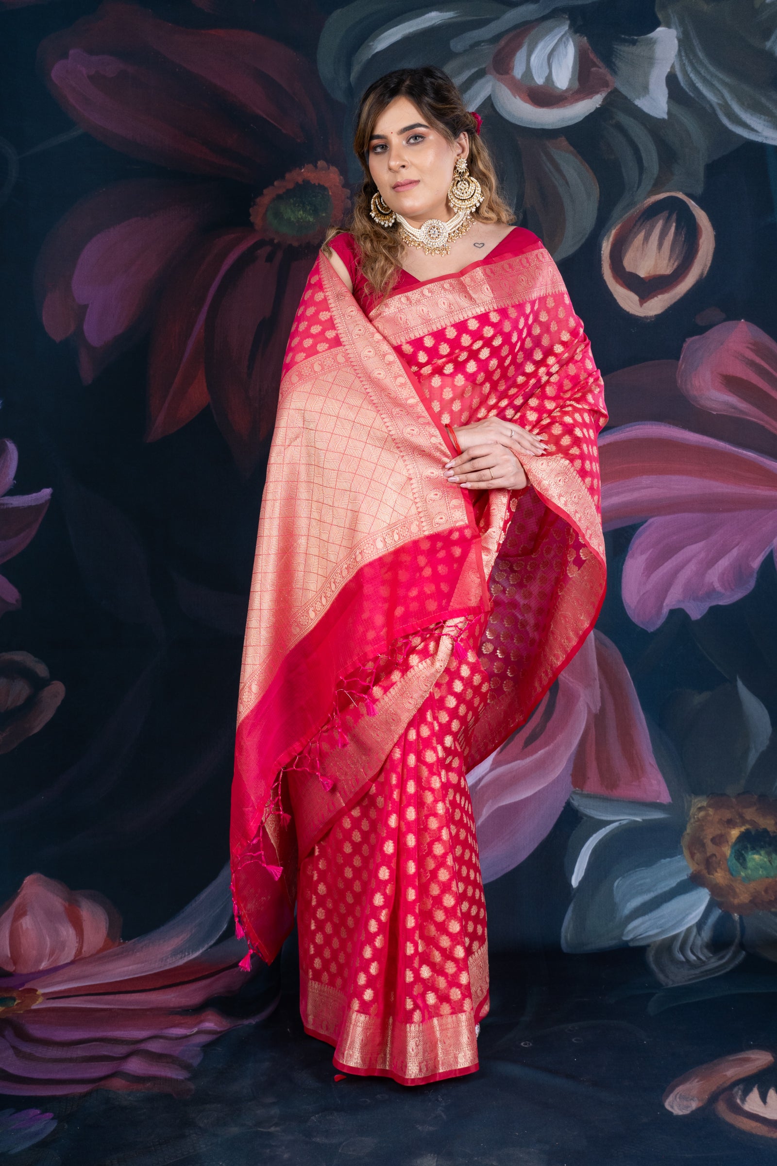 Red Chanderi Silk Saree with Banarasi Zari Booti and Rich Palloo