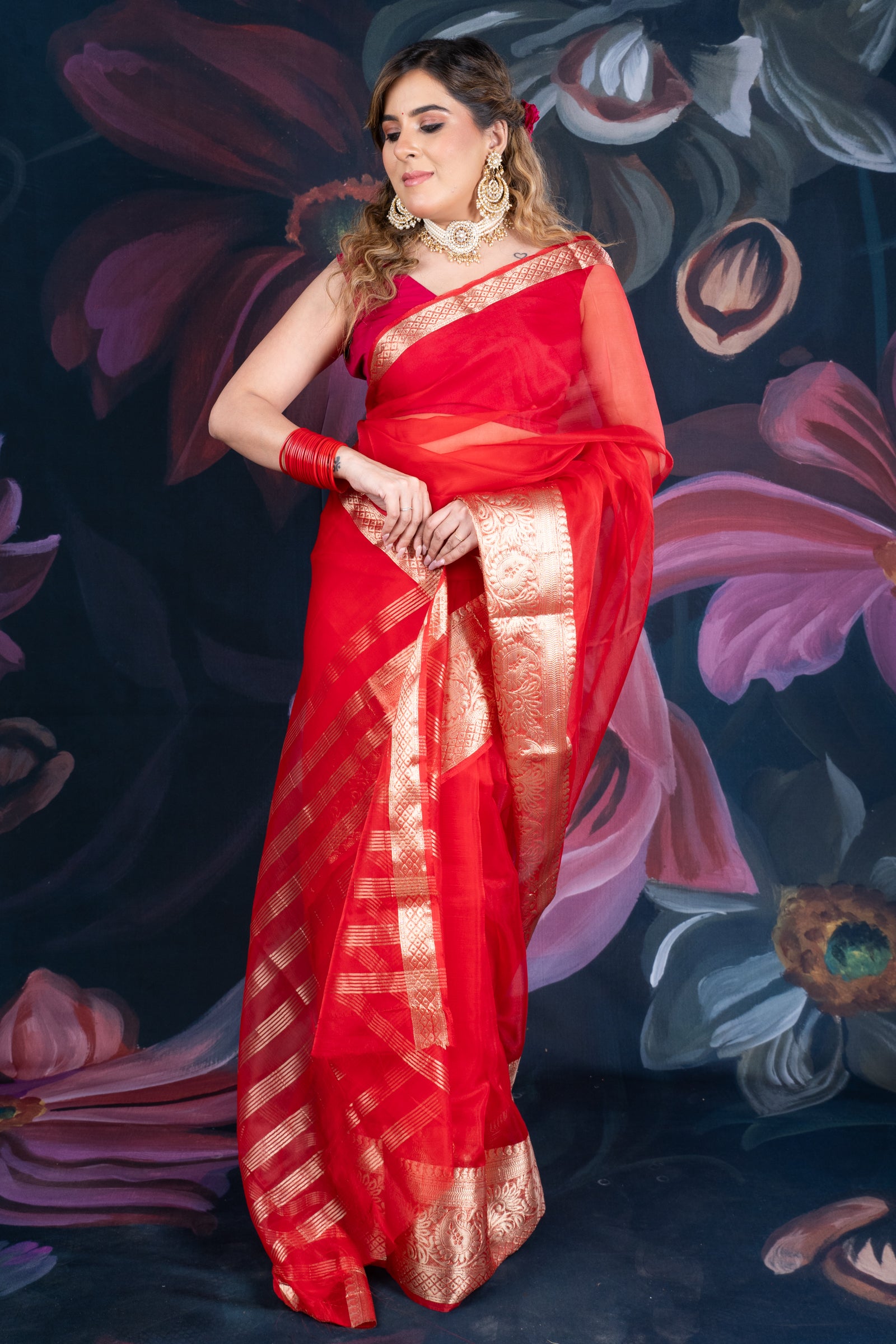 Red Organza Saree with Banarasi Zari Border and Chitt Palloo