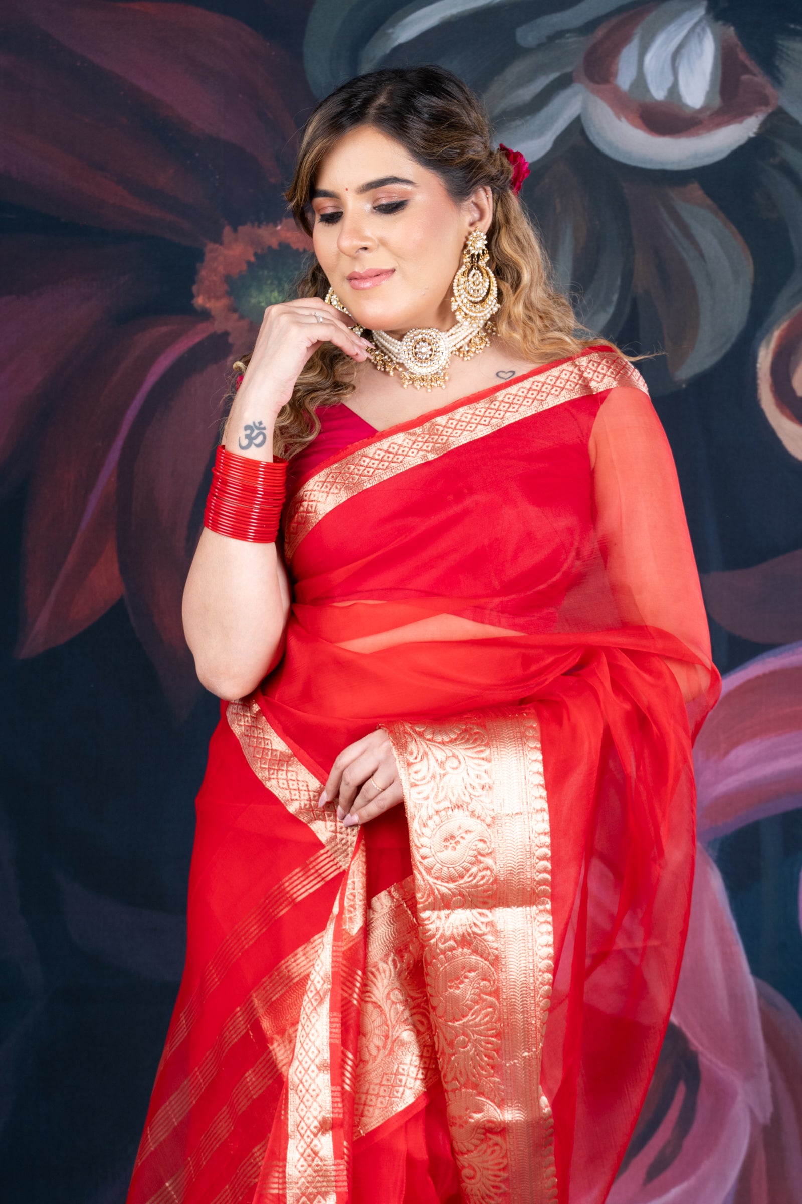 Red Organza Saree with Banarasi Zari Border and Chitt Palloo