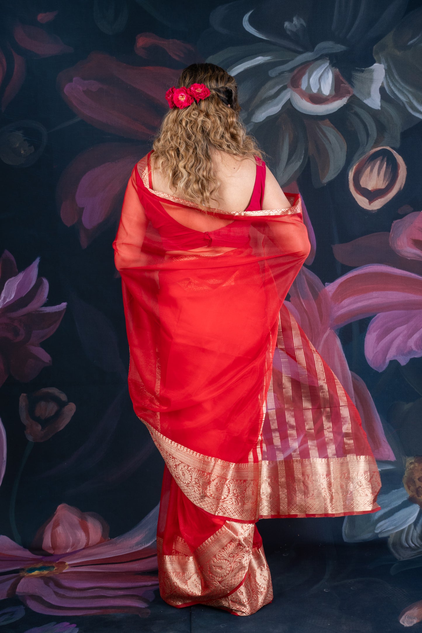 Red Organza Saree with Banarasi Zari Border and Chitt Palloo