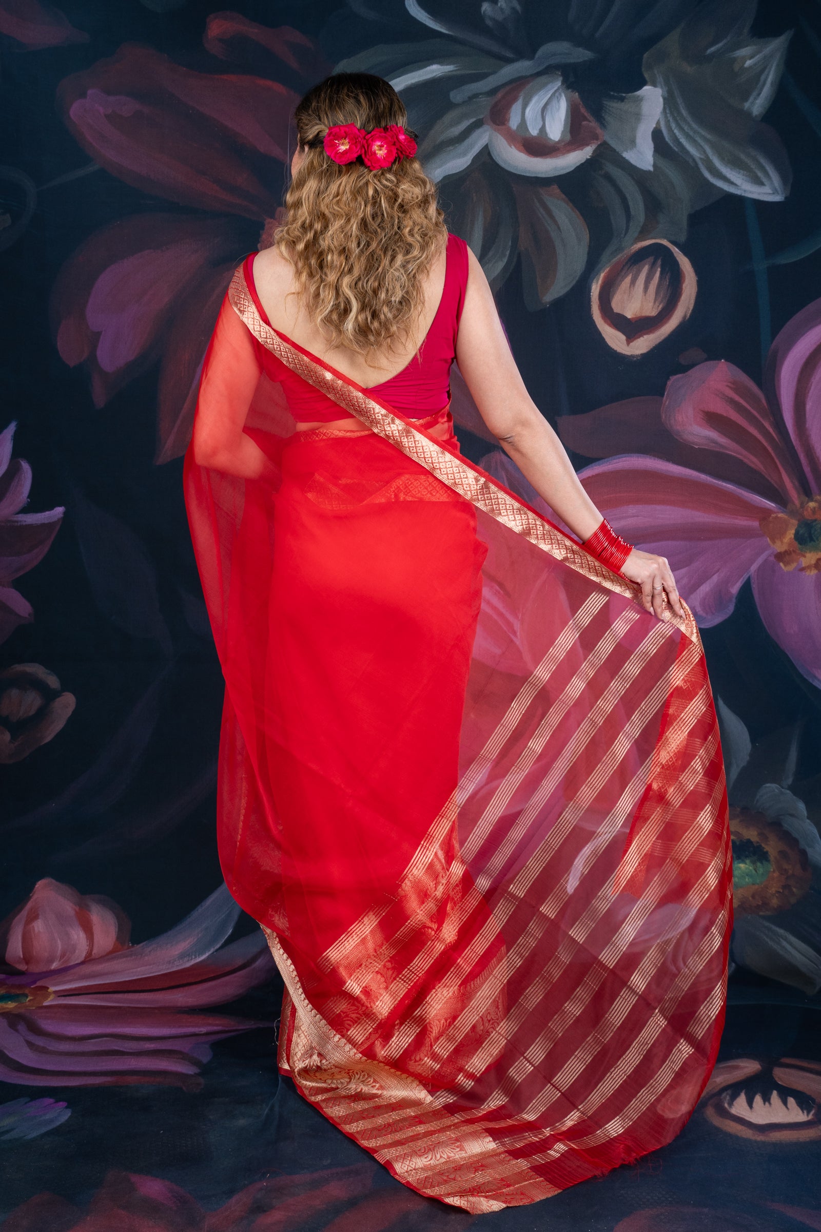 Red Organza Saree with Banarasi Zari Border and Chitt Palloo