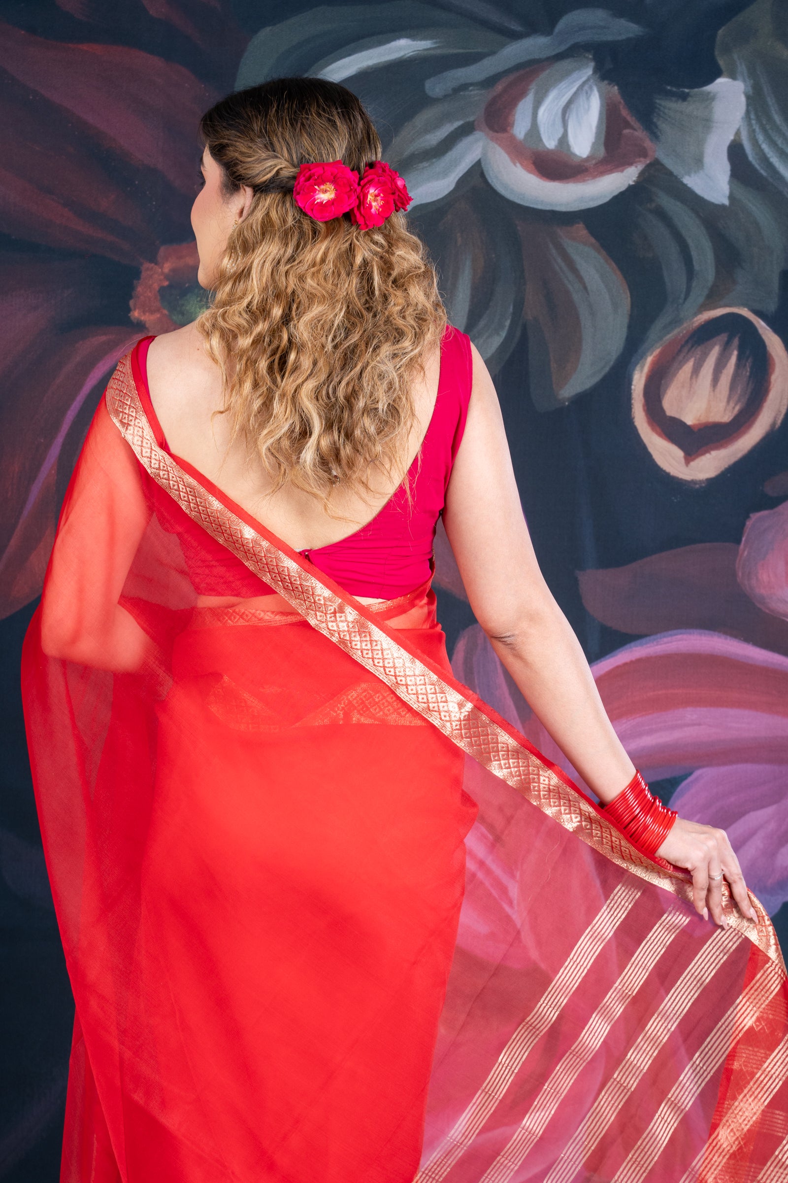 Red Organza Saree with Banarasi Zari Border and Chitt Palloo