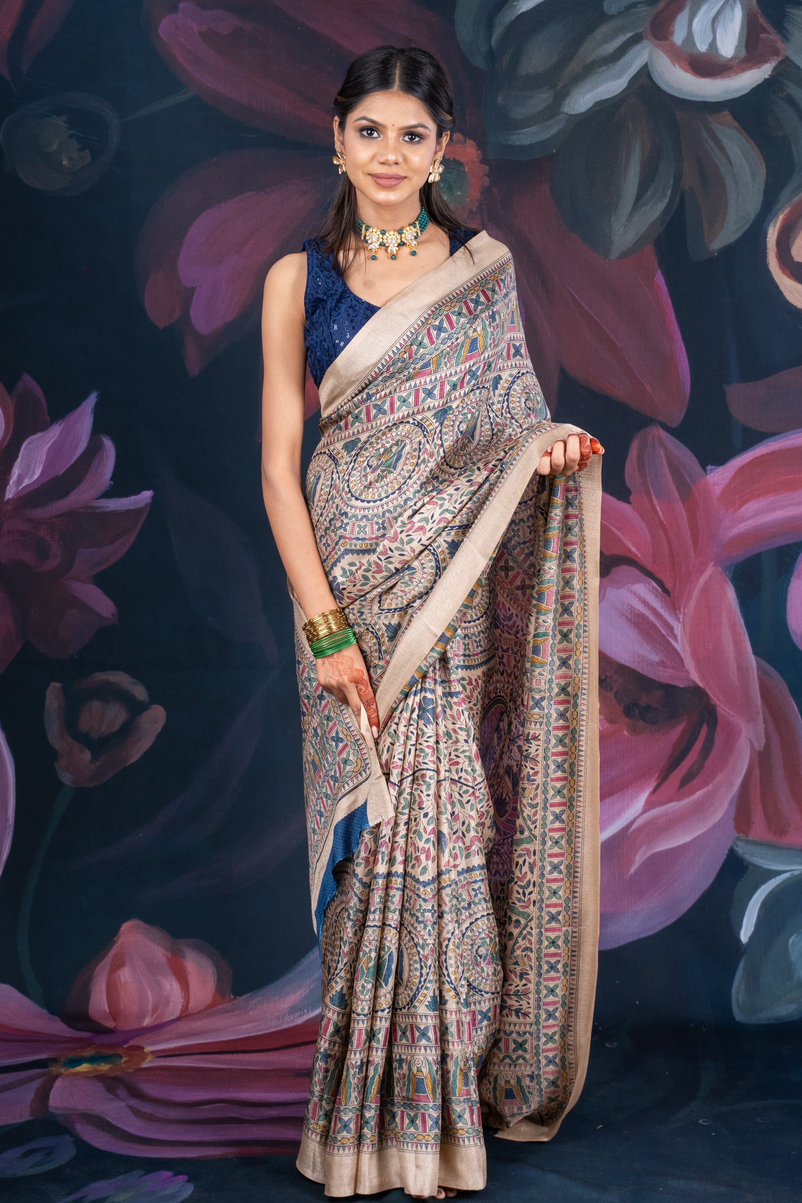 Beige Matka Silk Saree with Madhubani Print