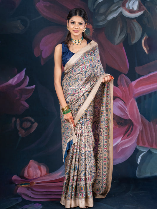 Beige & Blue Matka Silk Saree