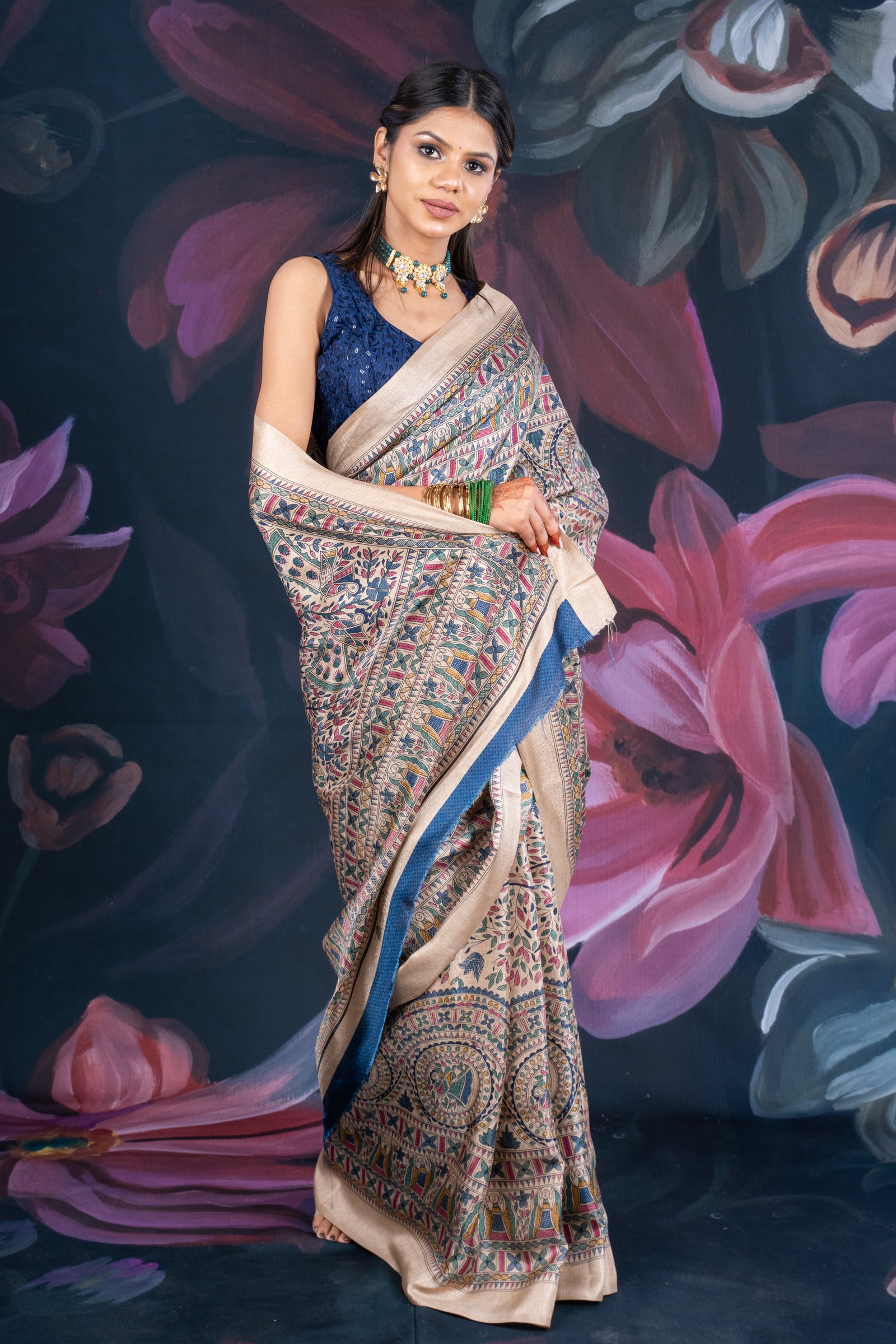 Beige Matka Silk Saree with Madhubani Print