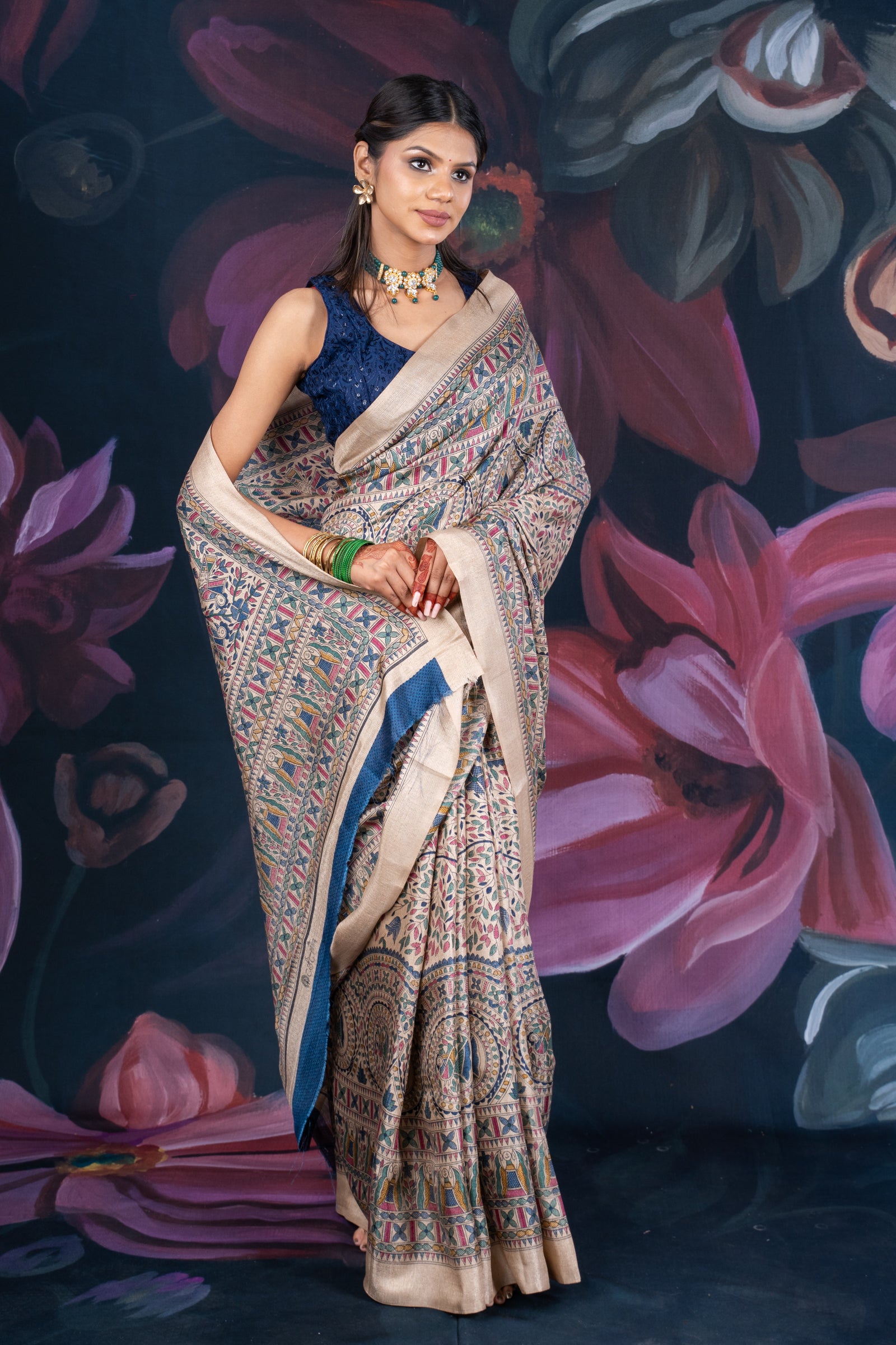 Beige Matka Silk Saree with Madhubani Print