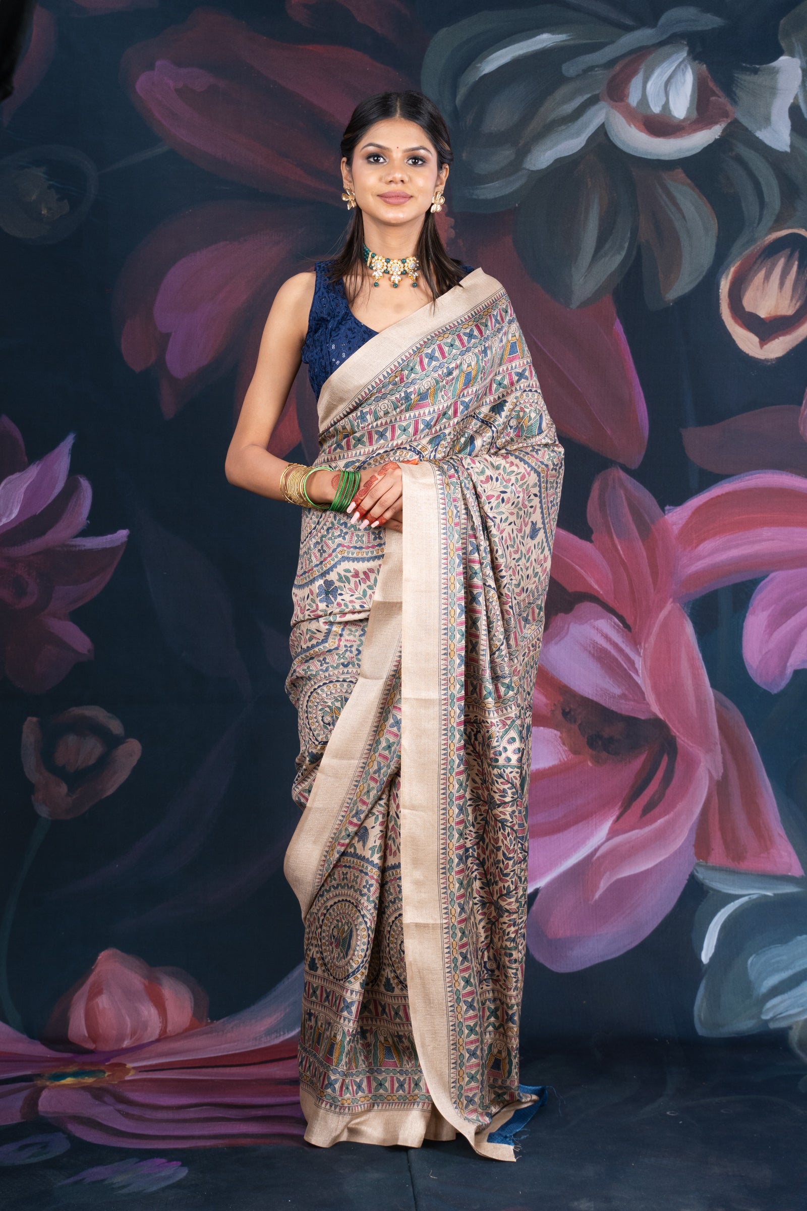 Beige Matka Silk Saree with Madhubani Print