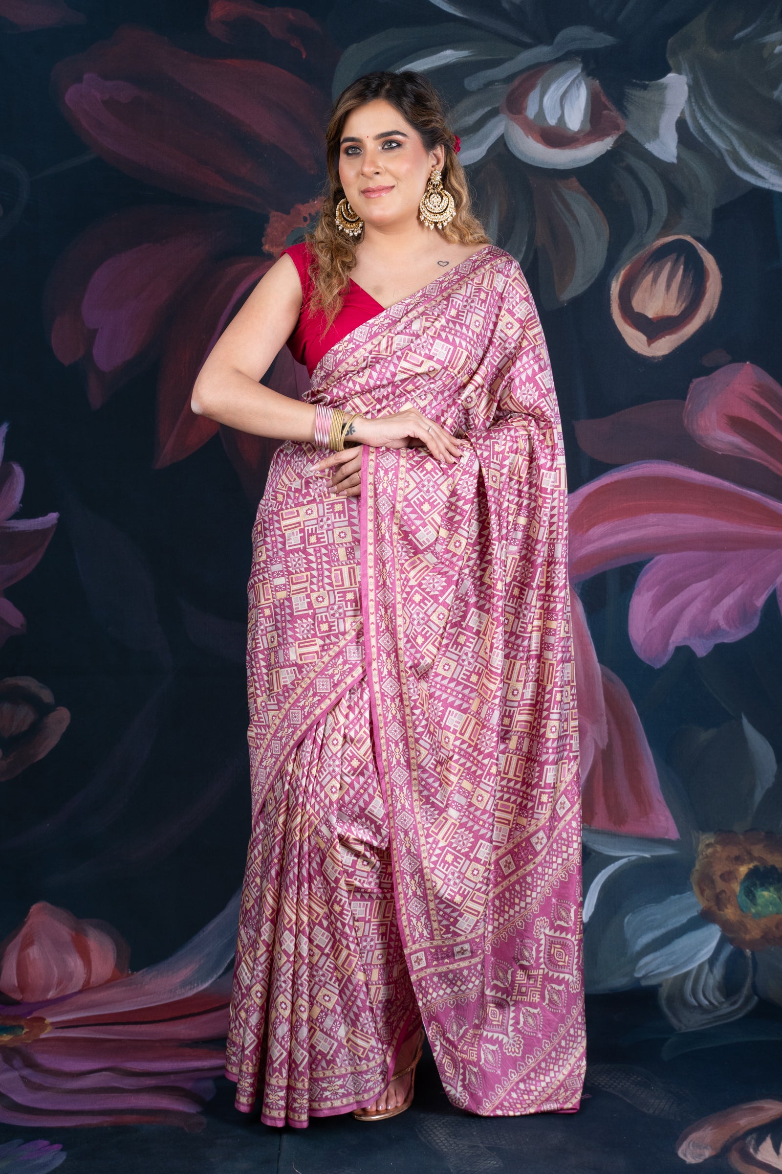 Onion Pink Semi-Crepe Printed Saree