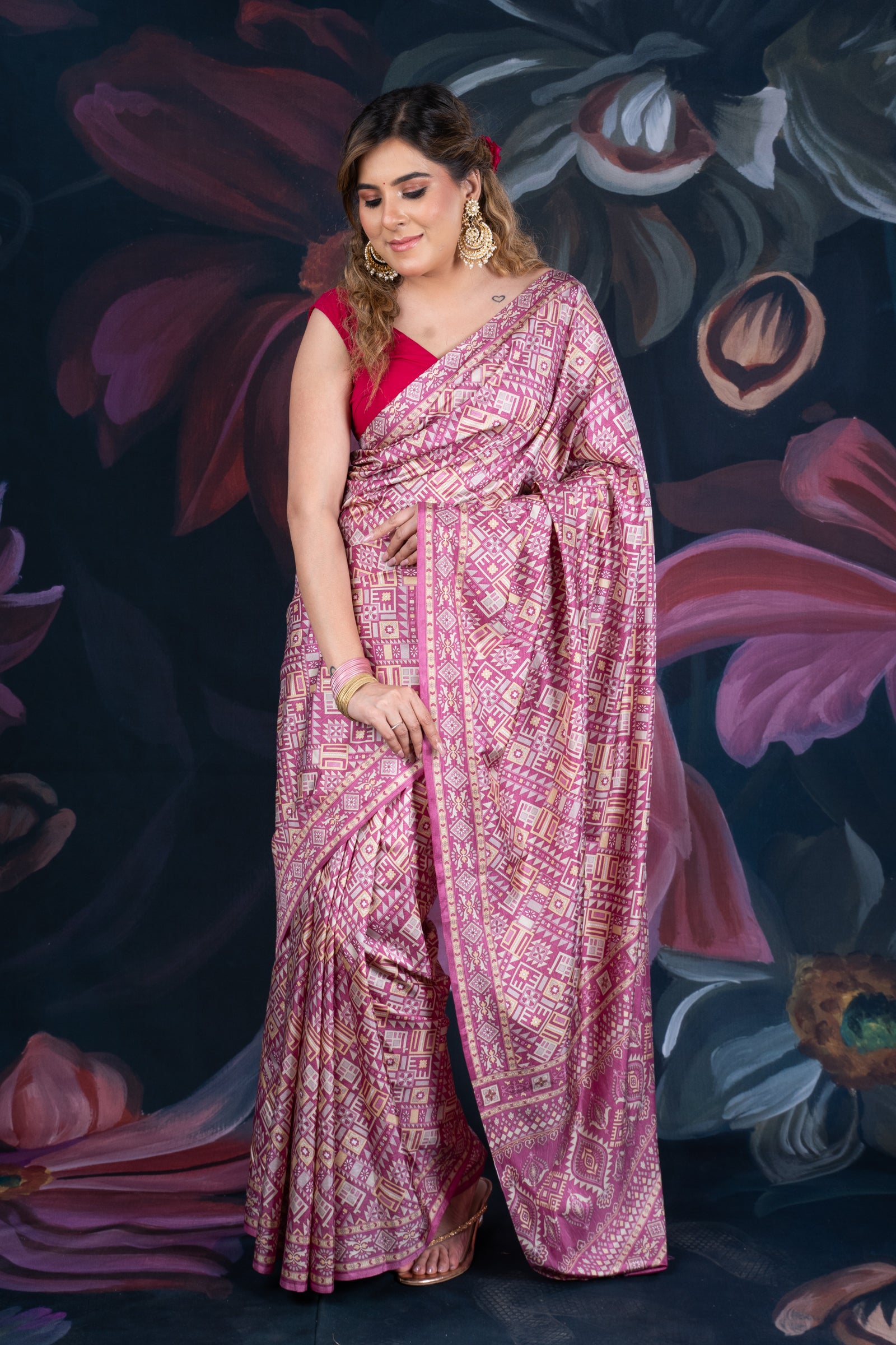 Onion Pink Semi-Crepe Printed Saree