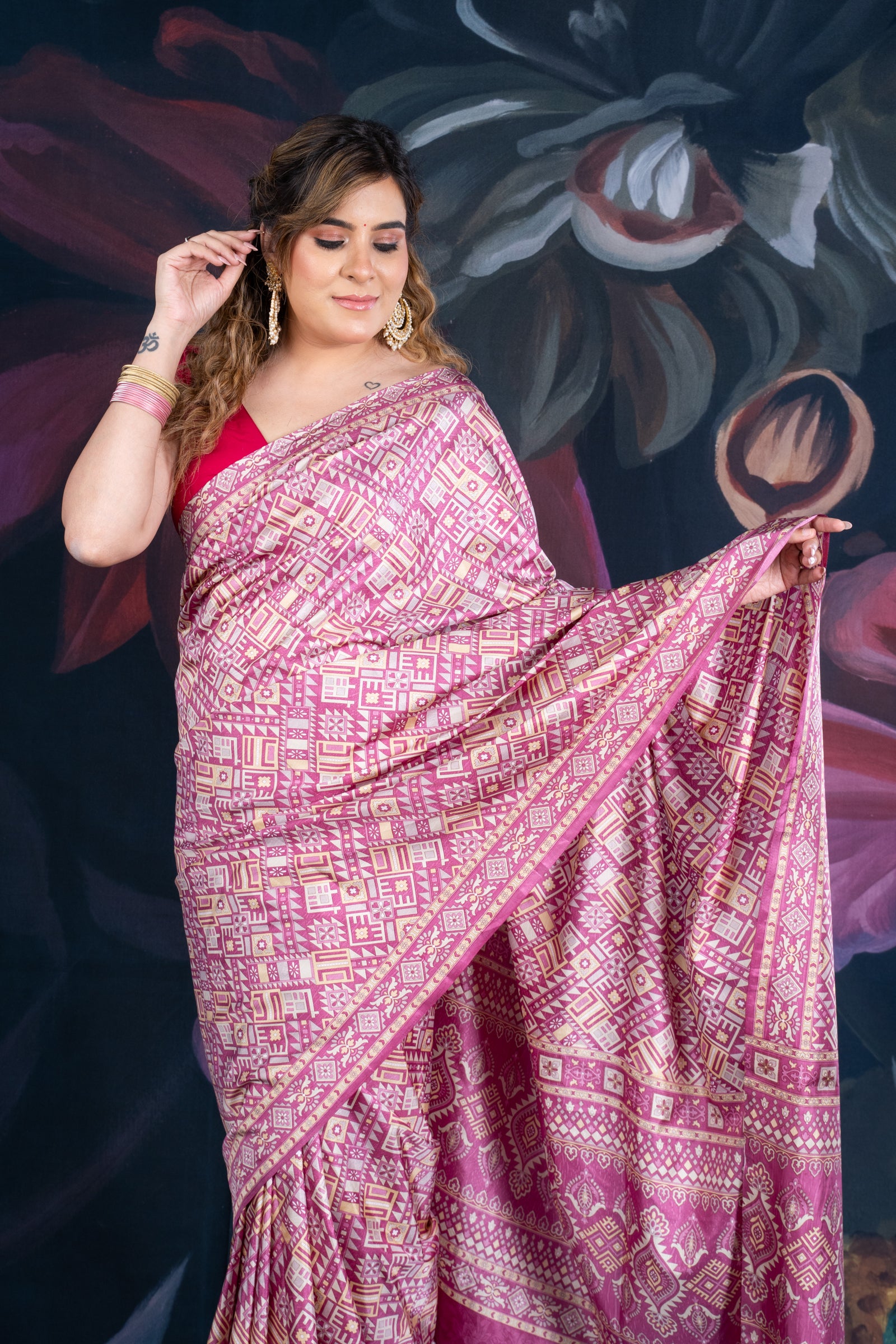 Onion Pink Semi-Crepe Printed Saree