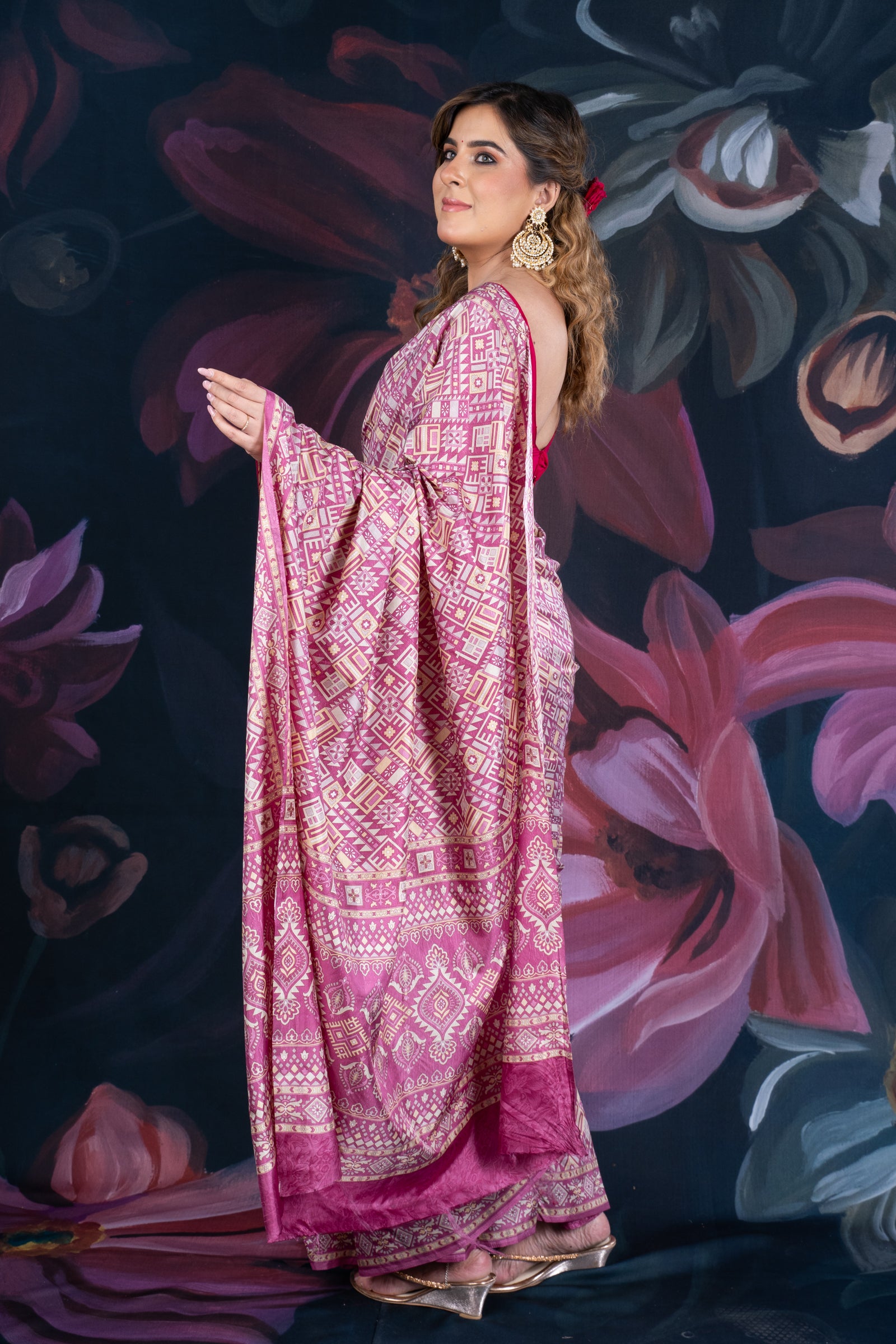 Onion Pink Semi-Crepe Printed Saree