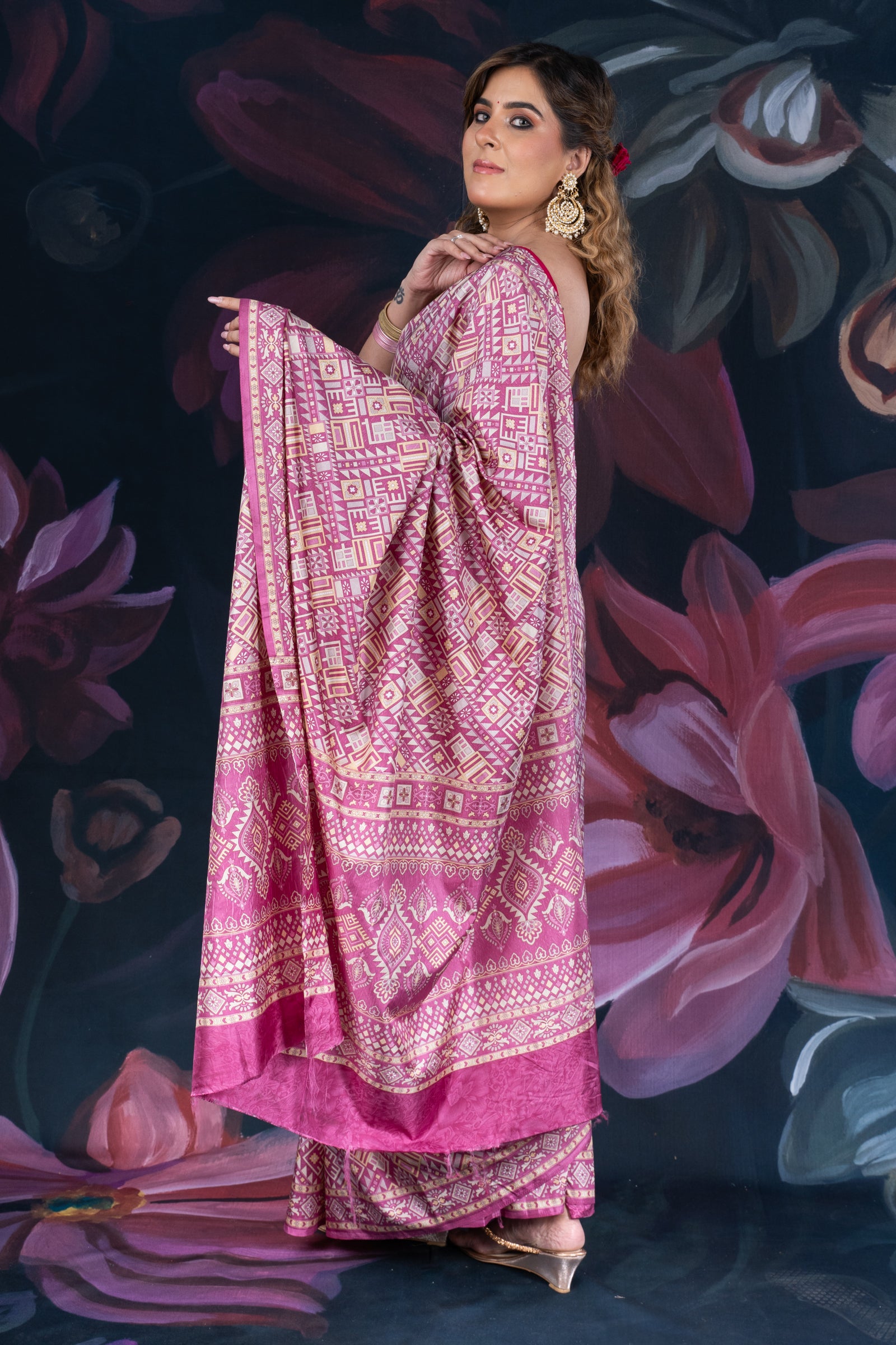 Onion Pink Semi-Crepe Printed Saree