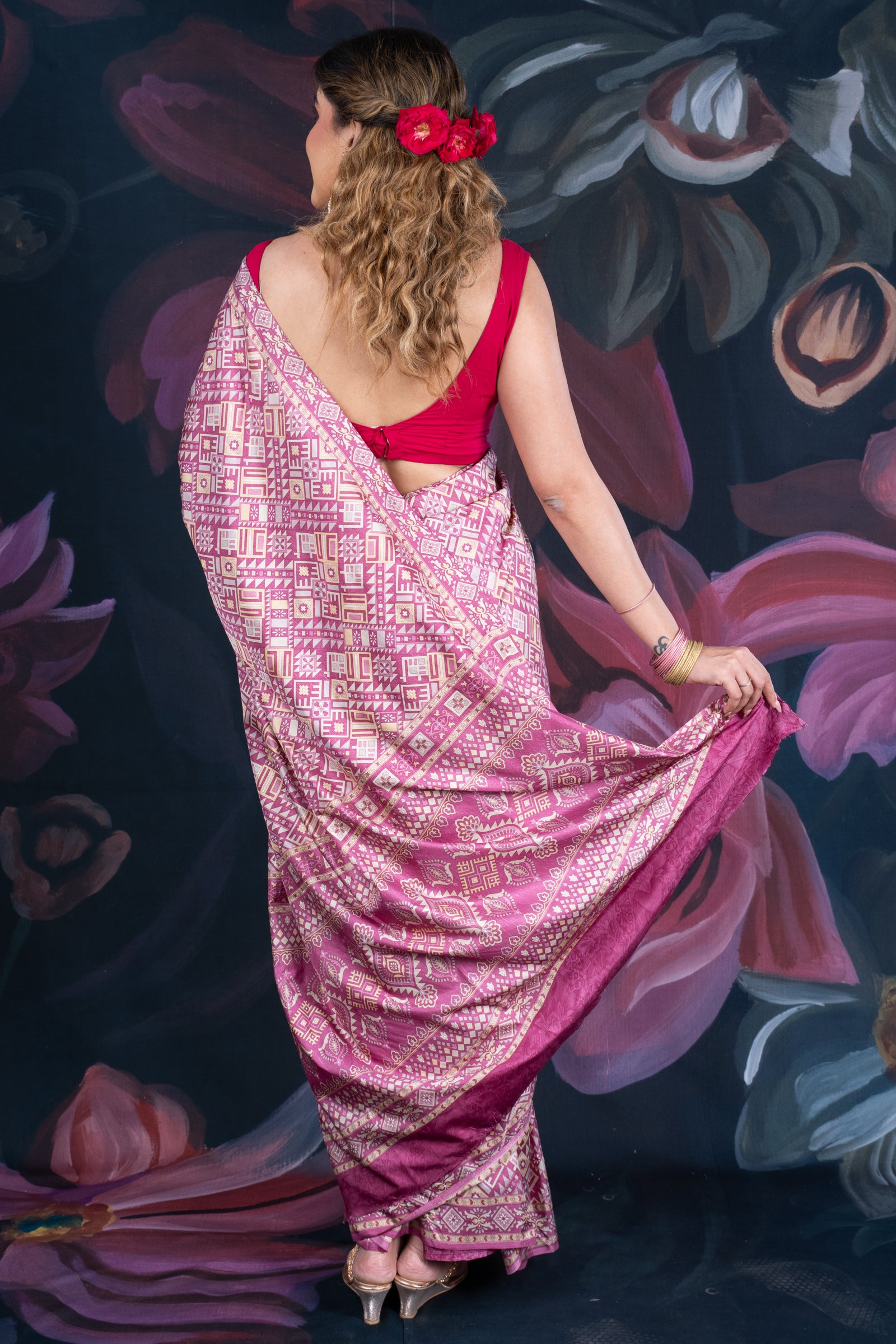 Onion Pink Semi-Crepe Printed Saree