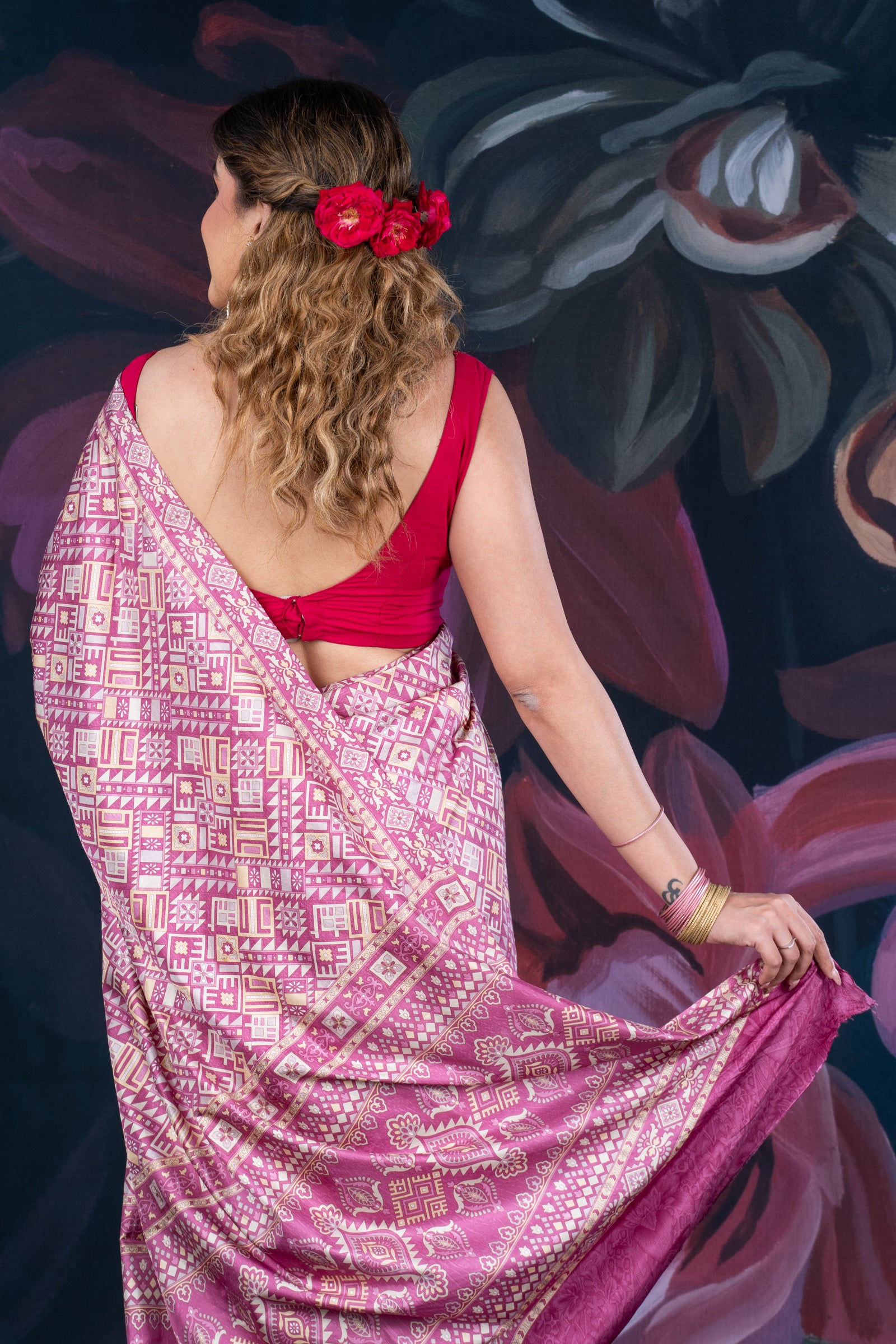 Onion Pink Semi-Crepe Printed Saree