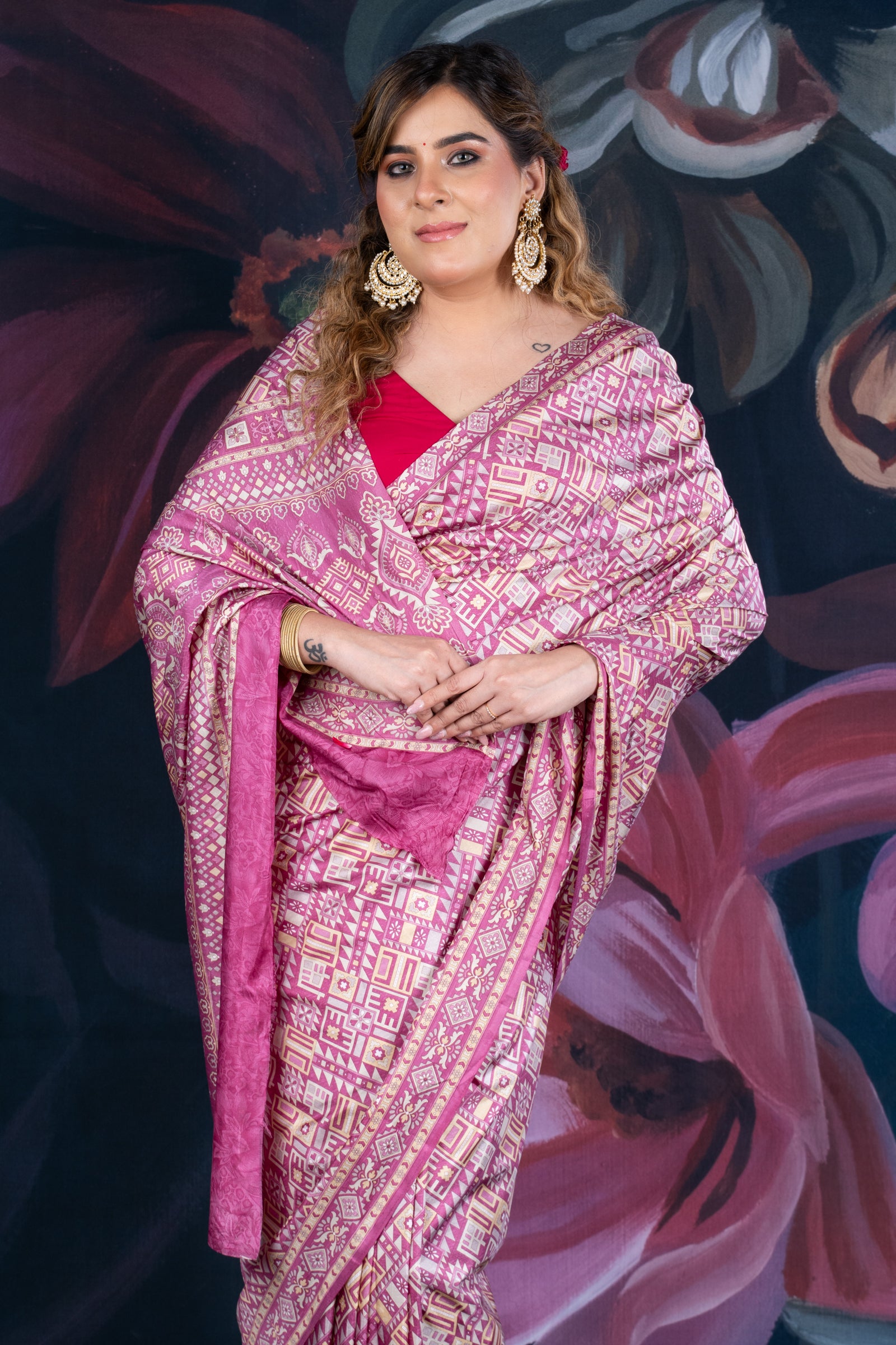 Onion Pink Semi-Crepe Printed Saree