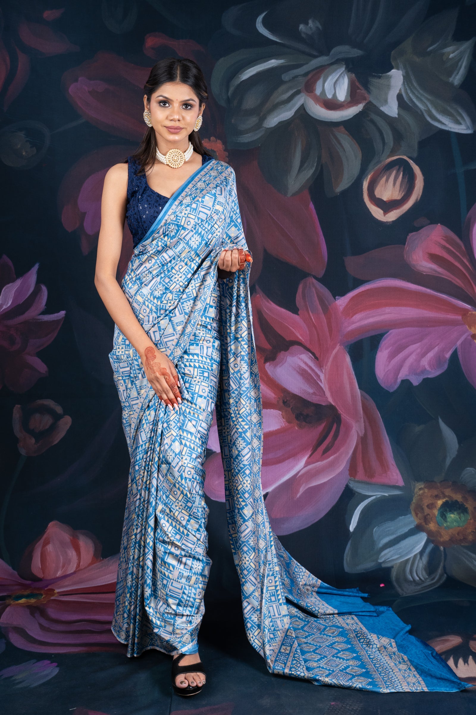 Blue Semi-Crepe Printed Saree