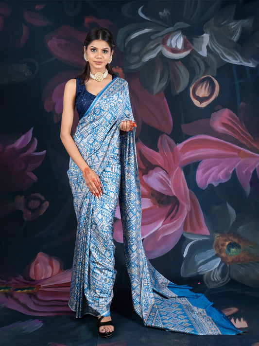 Blue Semi-Crepe Printed Saree