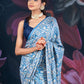 Blue Semi-Crepe Printed Saree