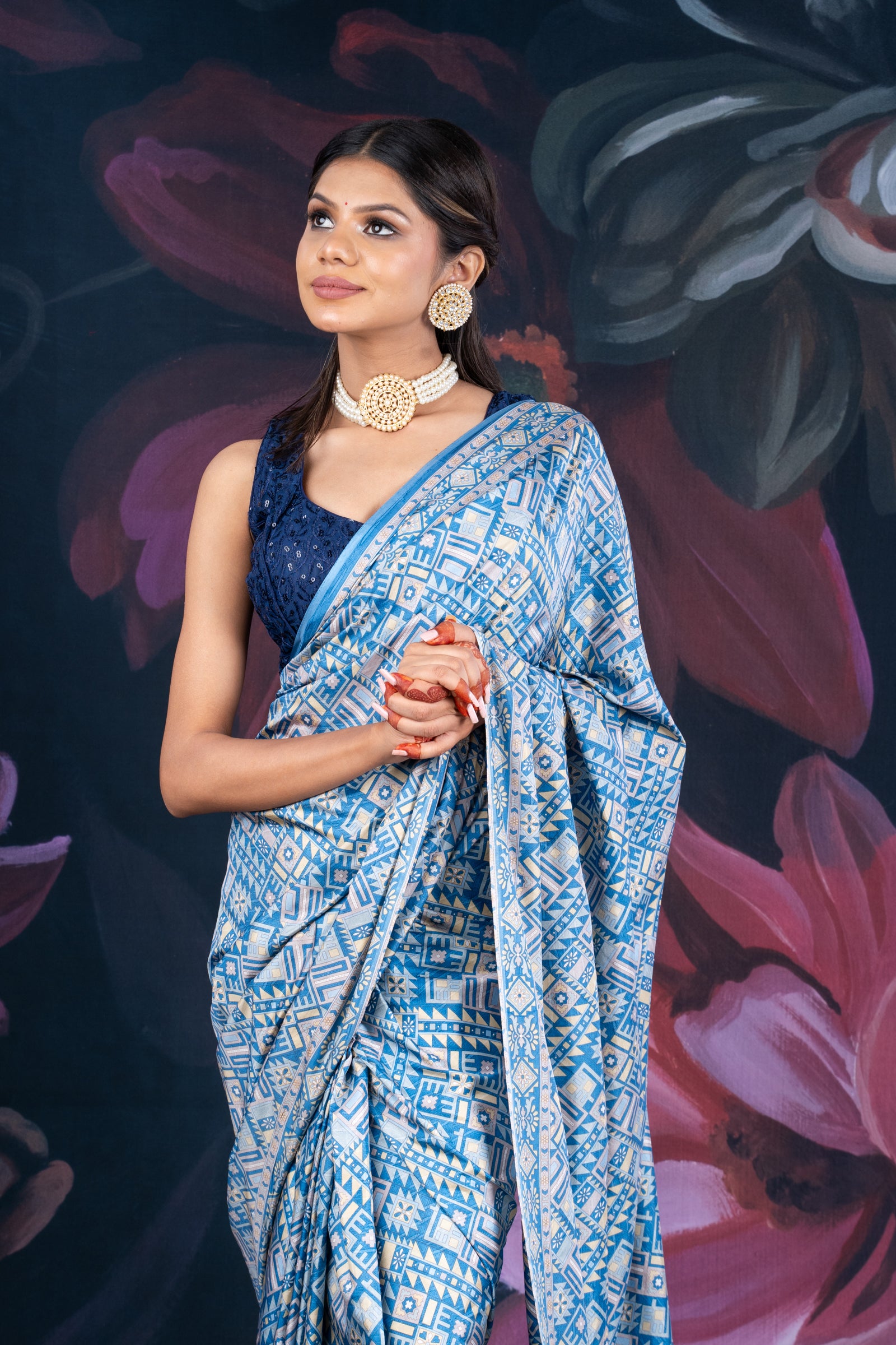 Blue Semi-Crepe Printed Saree