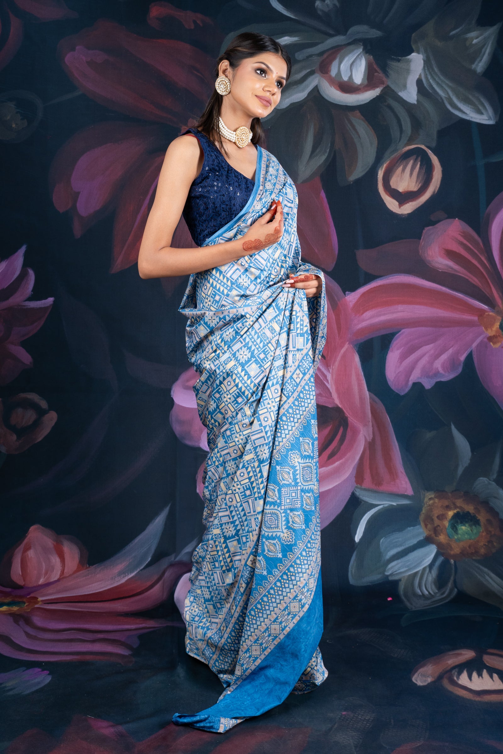 Blue Semi-Crepe Printed Saree