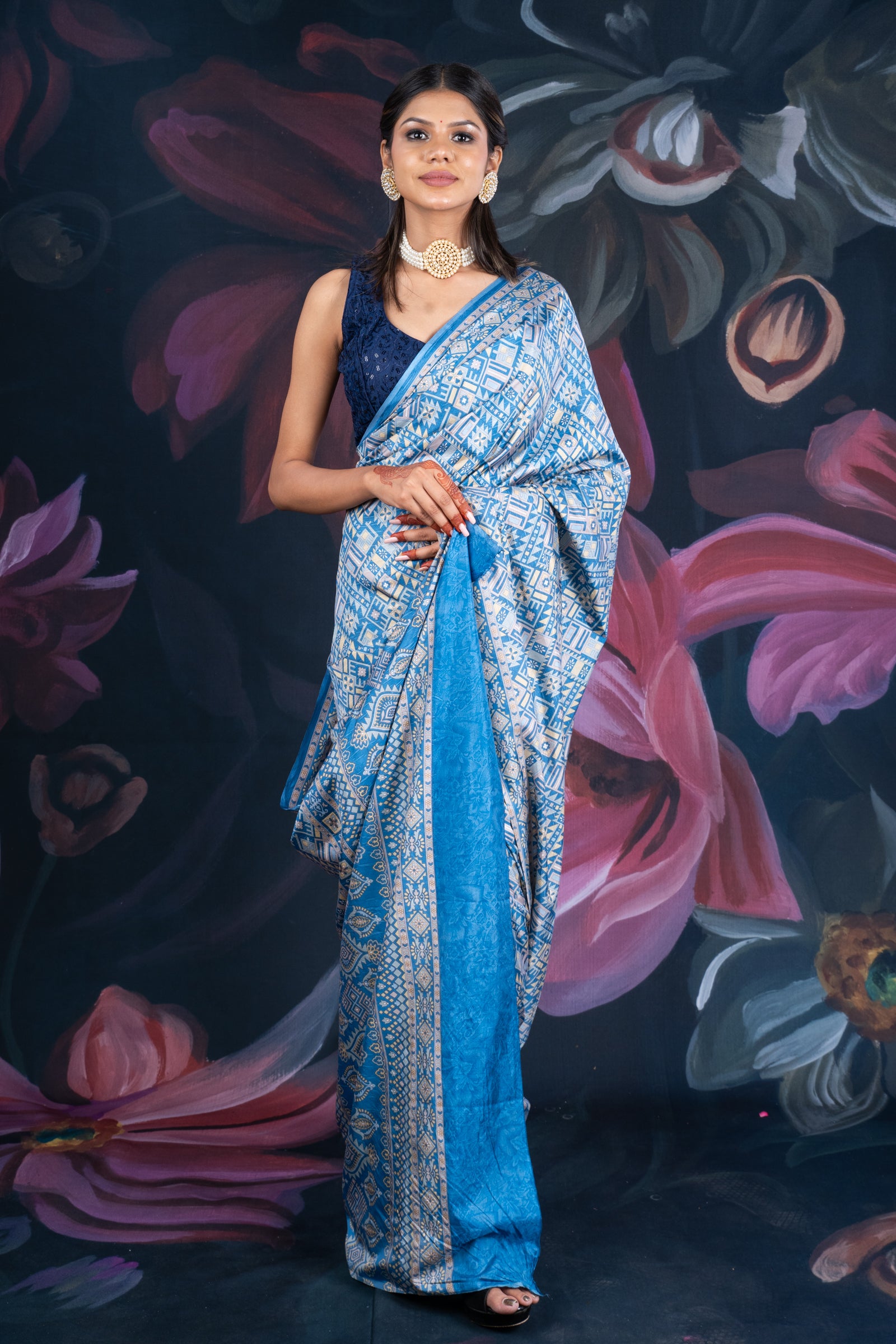 Blue Semi-Crepe Printed Saree