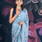 Blue Semi-Crepe Printed Saree