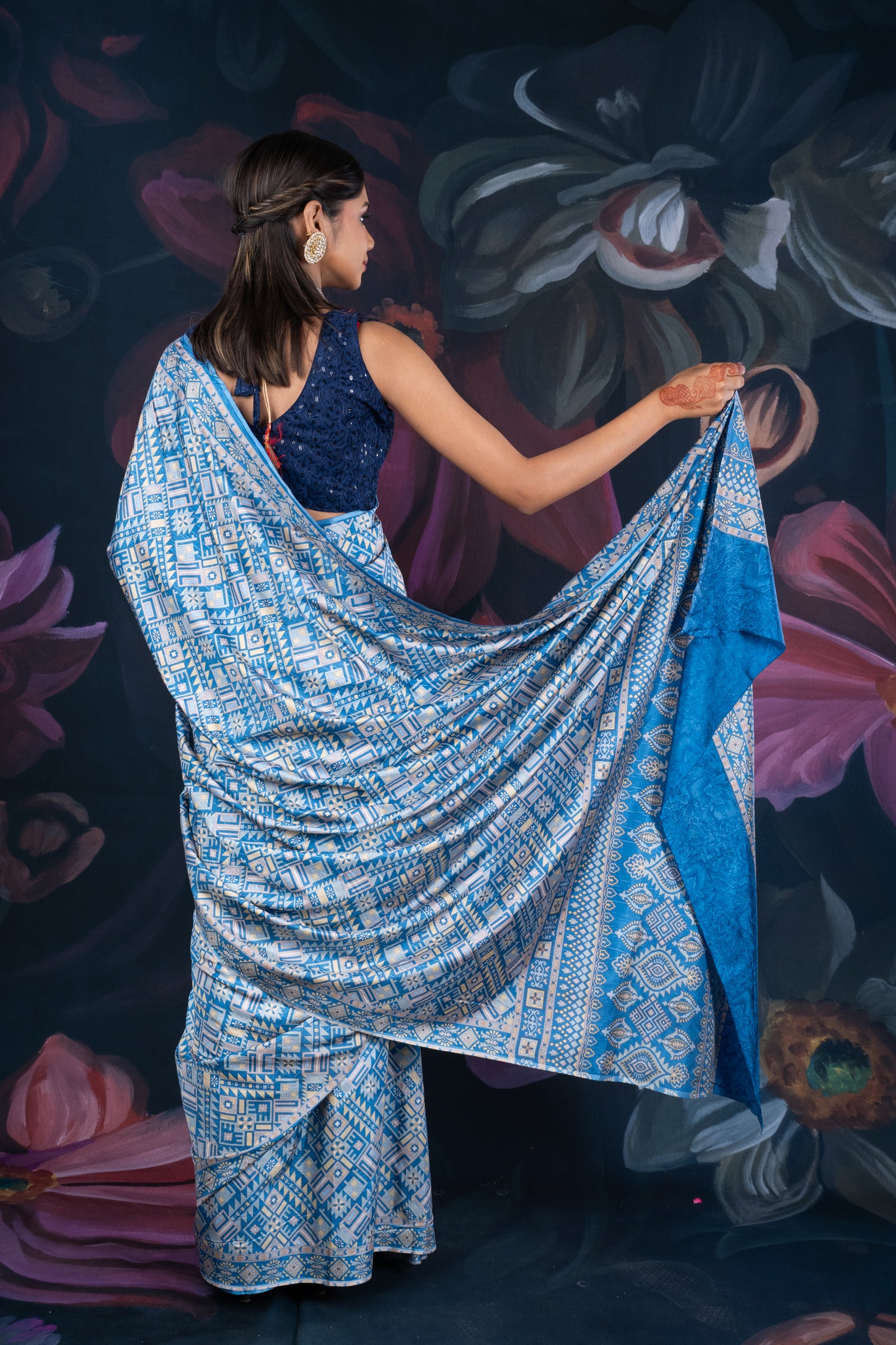 Blue Semi-Crepe Printed Saree