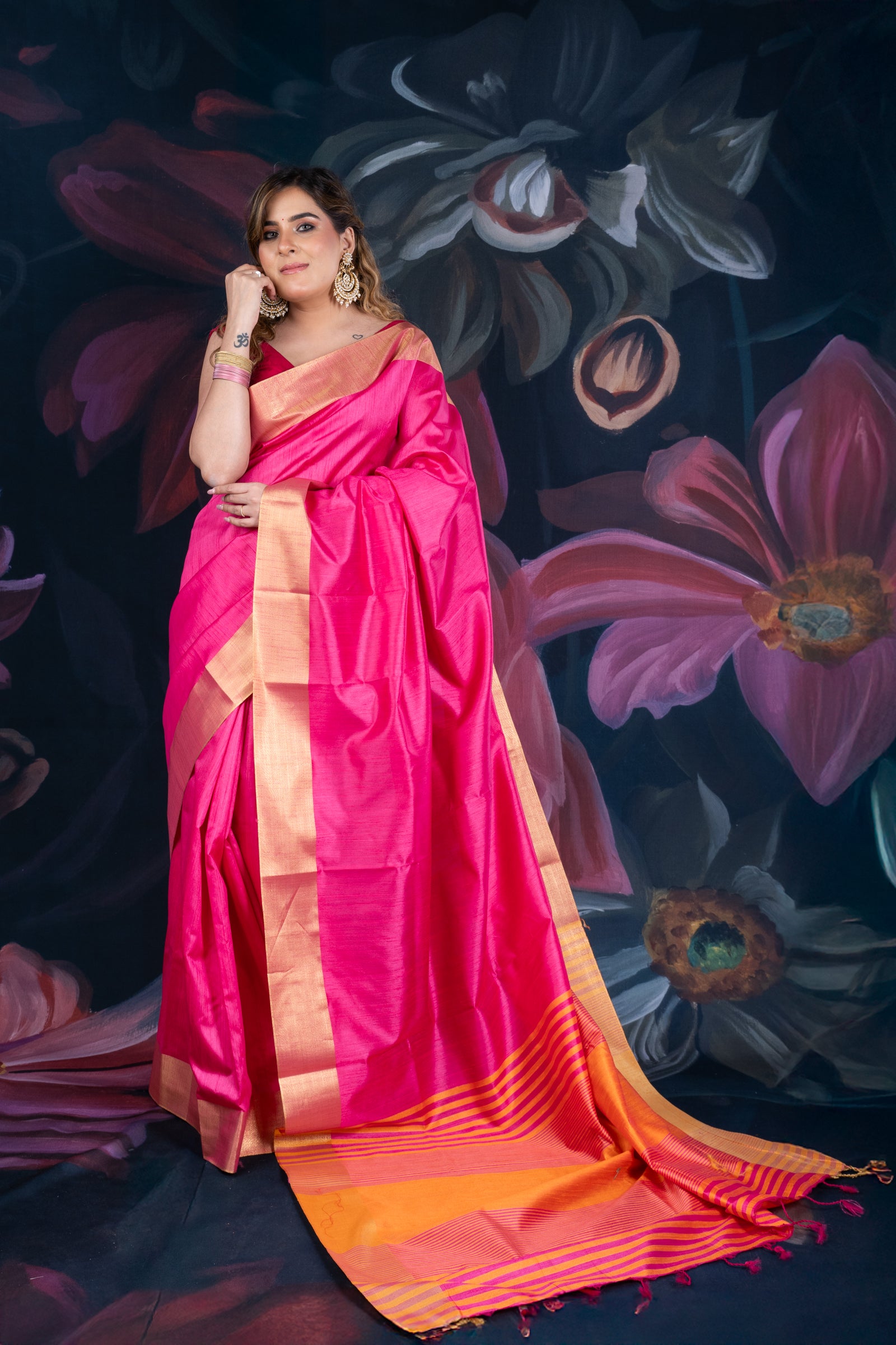 Magenta Semi-Raw Silk Saree with Tissue Border and Chitt Pallu