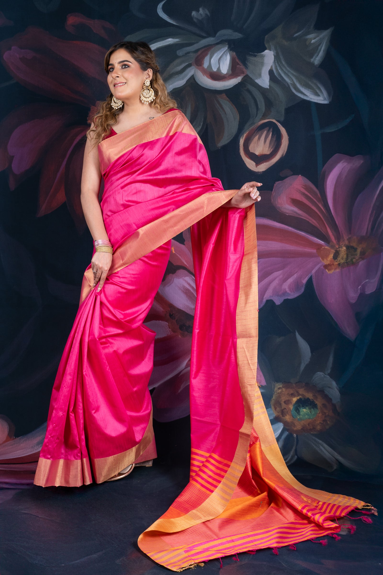 Magenta Semi-Raw Silk Saree with Tissue Border and Chitt Pallu