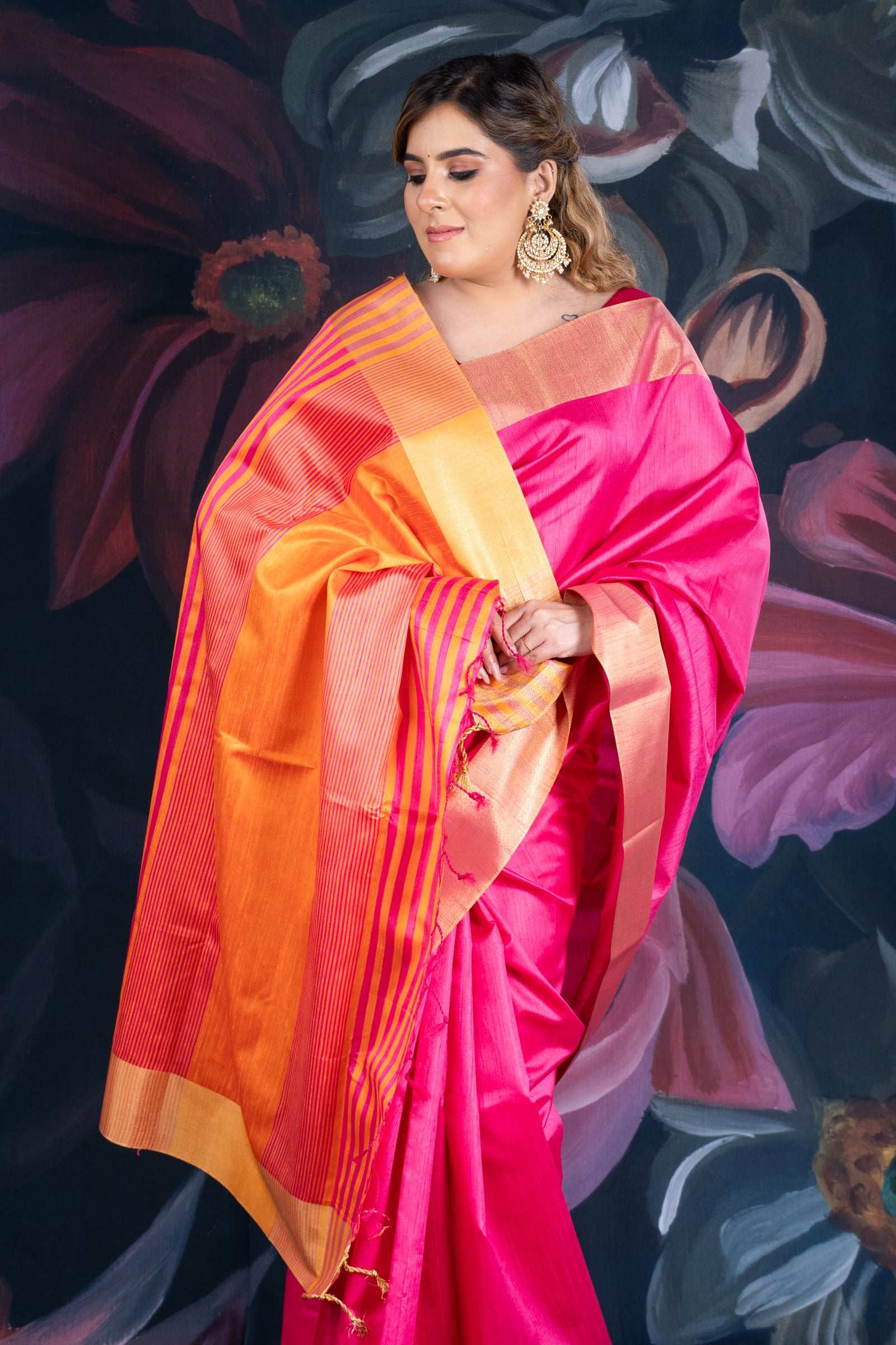 Magenta Semi-Raw Silk Saree with Tissue Border and Chitt Pallu