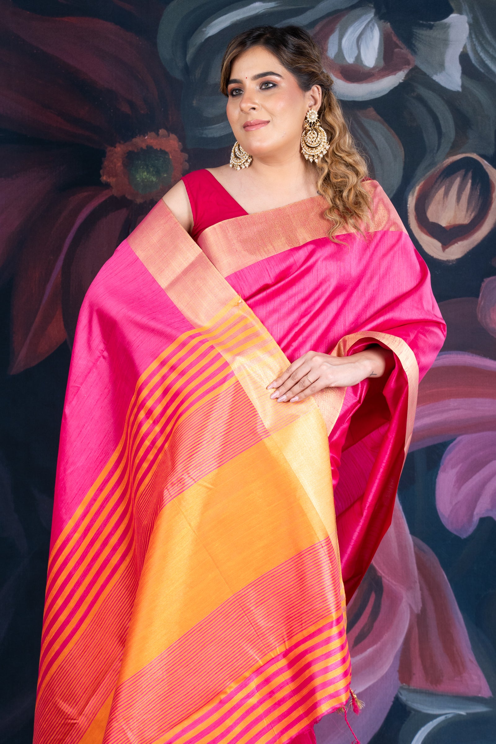 Magenta Semi-Raw Silk Saree with Tissue Border and Chitt Pallu