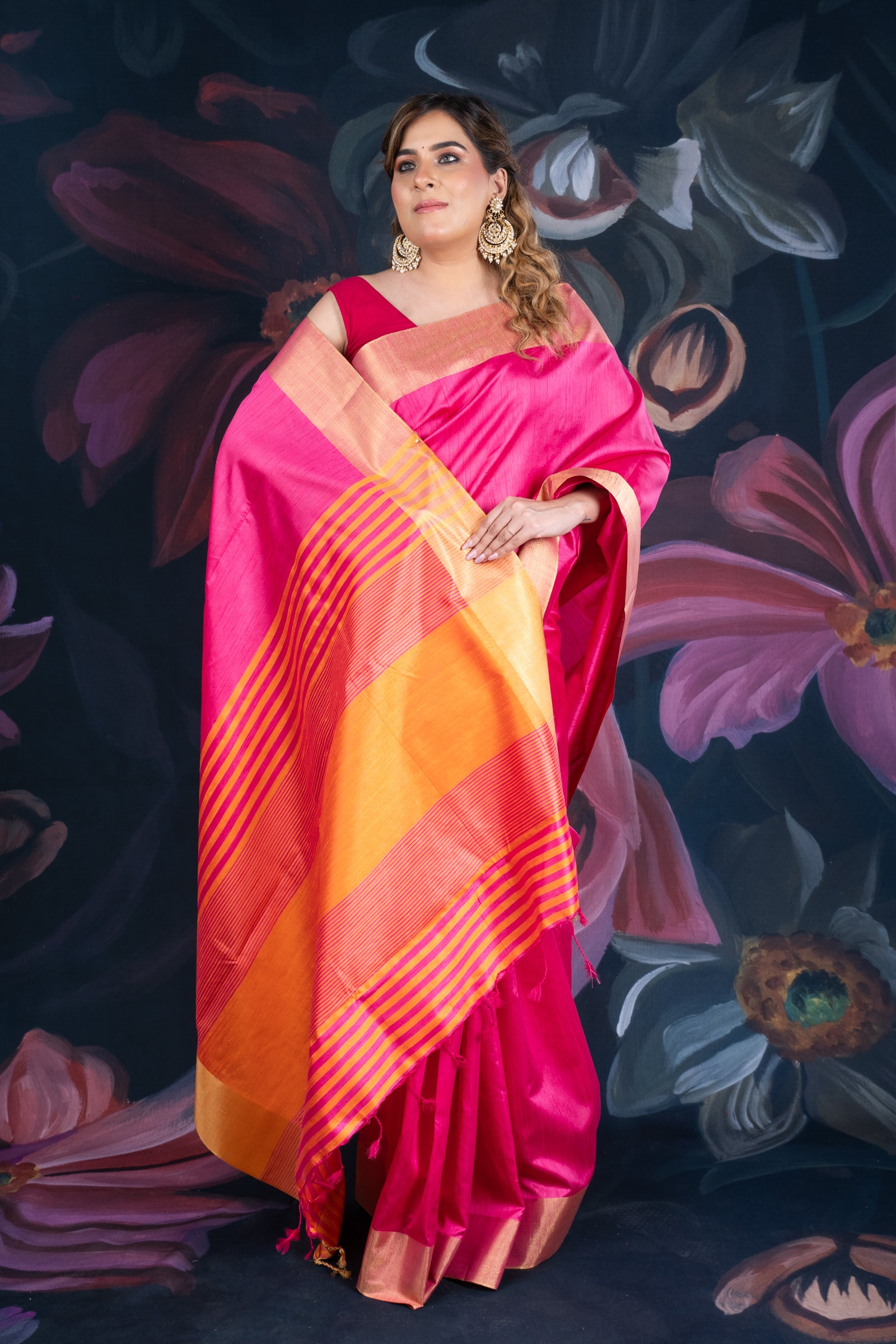 Magenta Semi-Raw Silk Saree with Tissue Border and Chitt Pallu