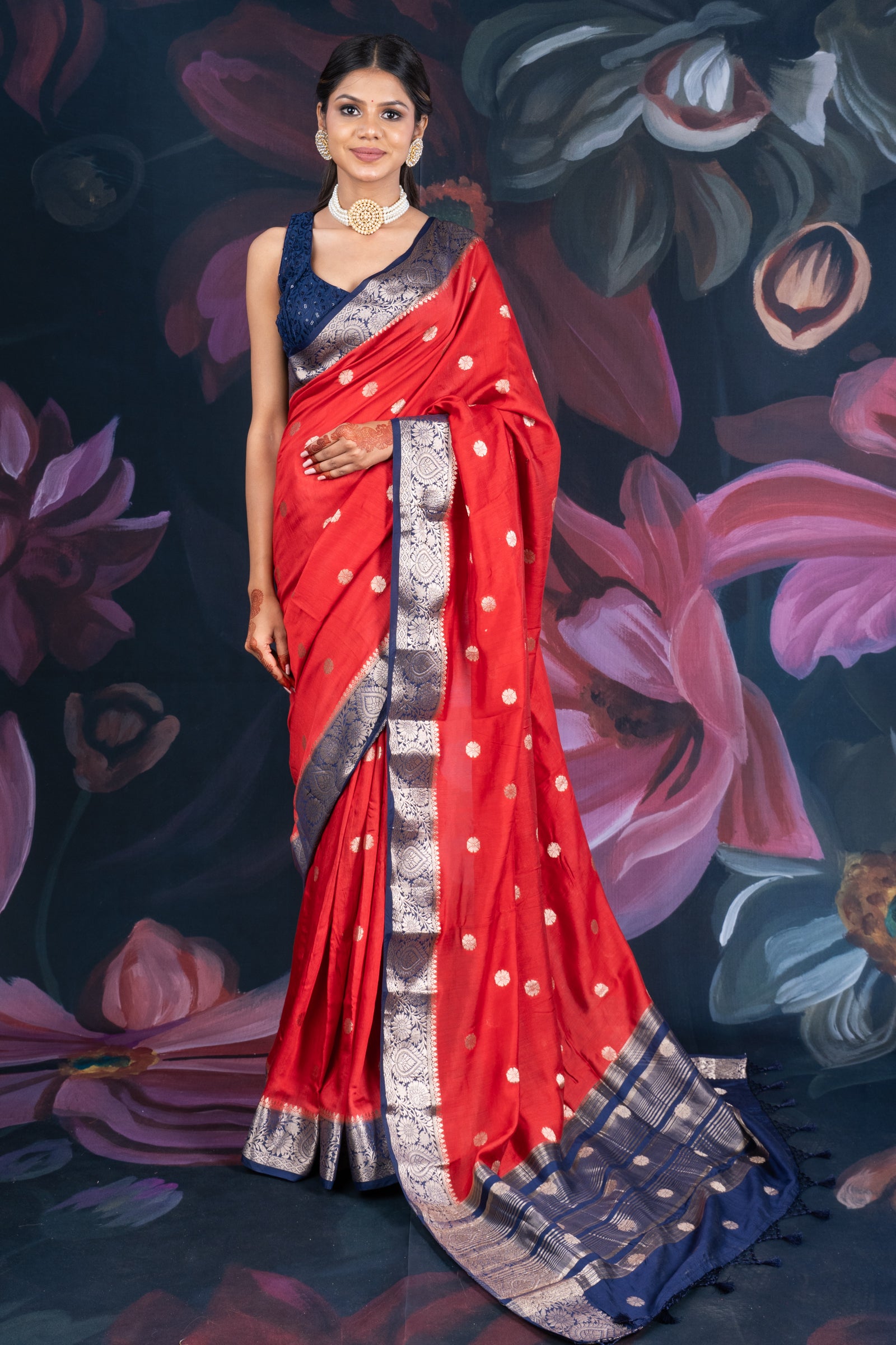 Red and Blue Assam Silk Saree with Zari Work and Contrast Border