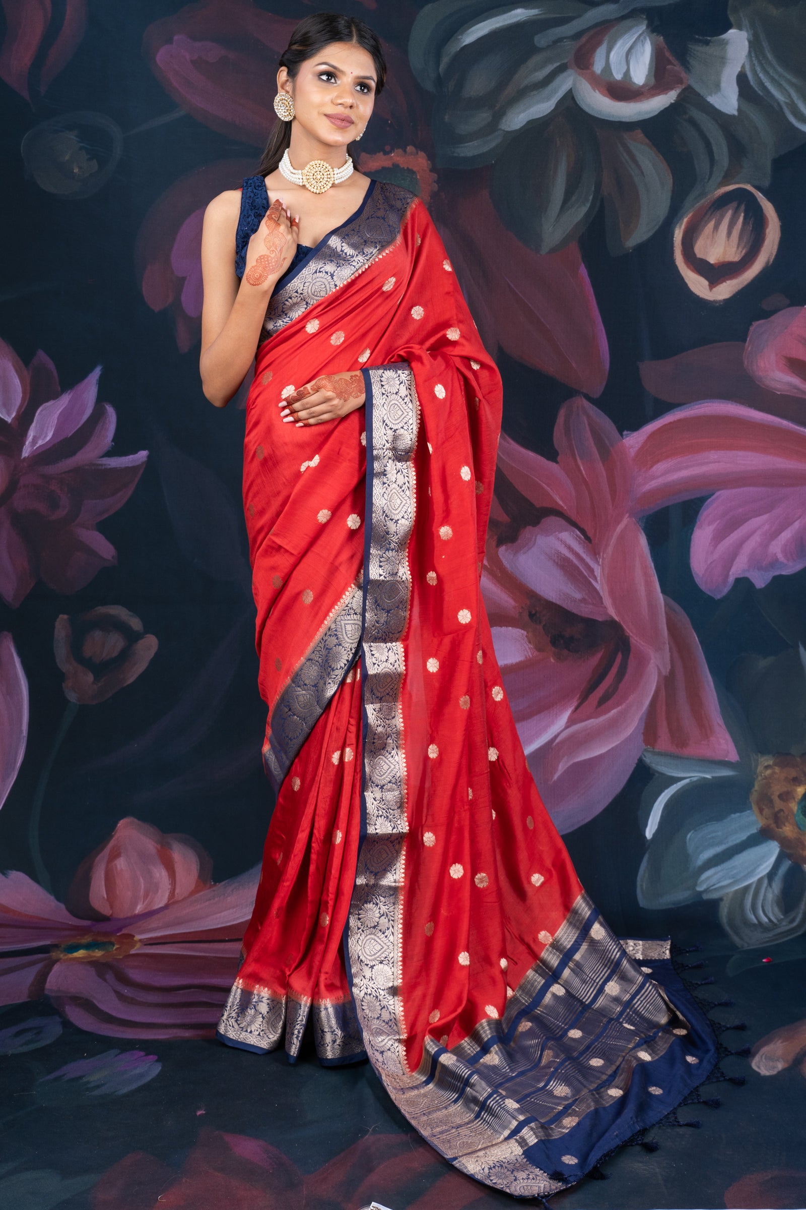 Red and Blue Assam Silk Saree with Zari Work and Contrast Border