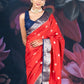 Red and Blue Assam Silk Saree with Zari Work and Contrast Border