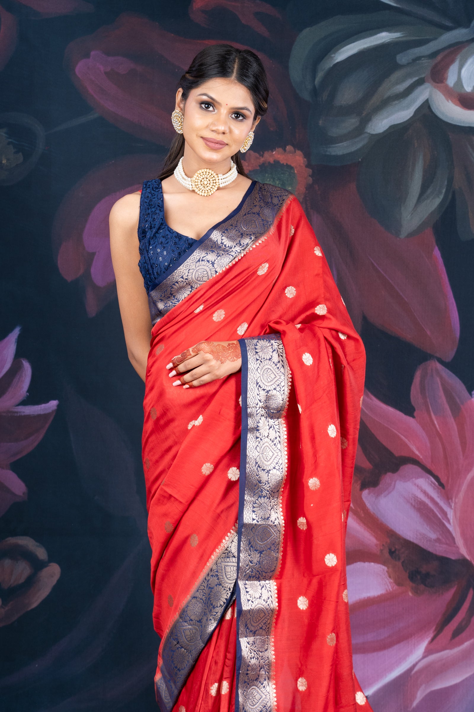 Red and Blue Assam Silk Saree with Zari Work and Contrast Border