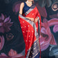 Red and Blue Assam Silk Saree with Zari Work and Contrast Border