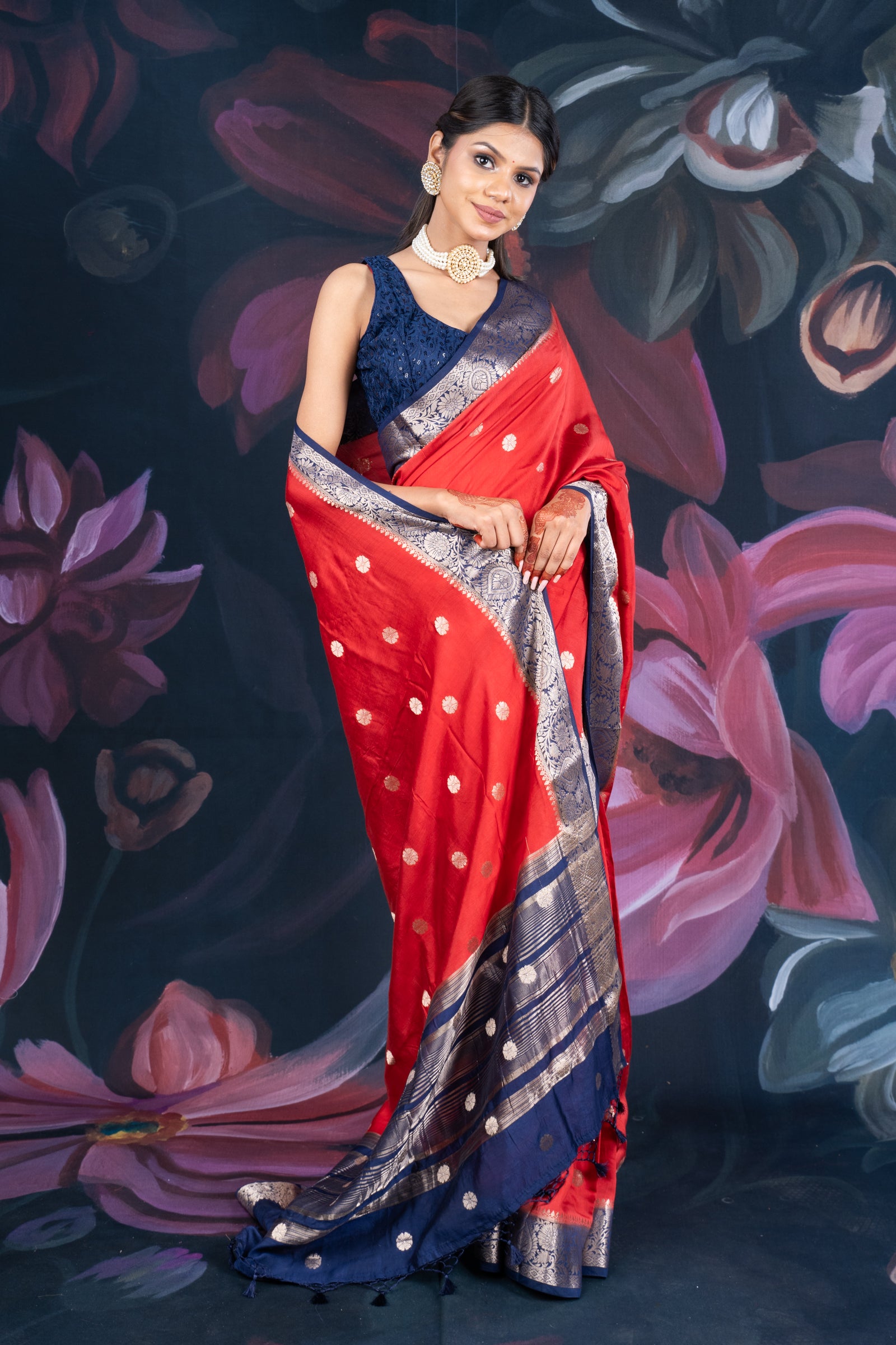 Red and Blue Assam Silk Saree with Zari Work and Contrast Border