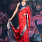 Red and Blue Assam Silk Saree with Zari Work and Contrast Border