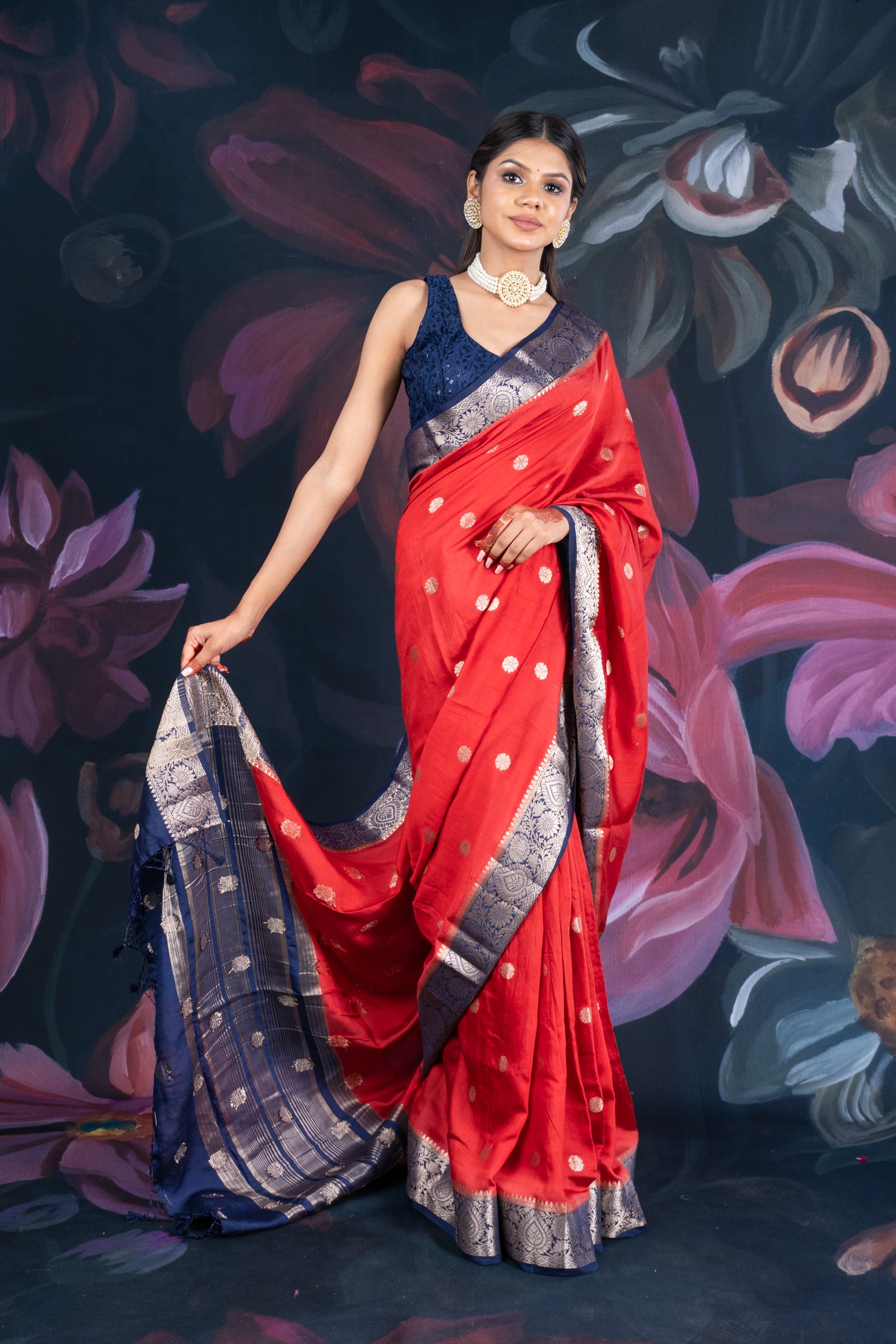 Red and Blue Assam Silk Saree with Zari Work and Contrast Border