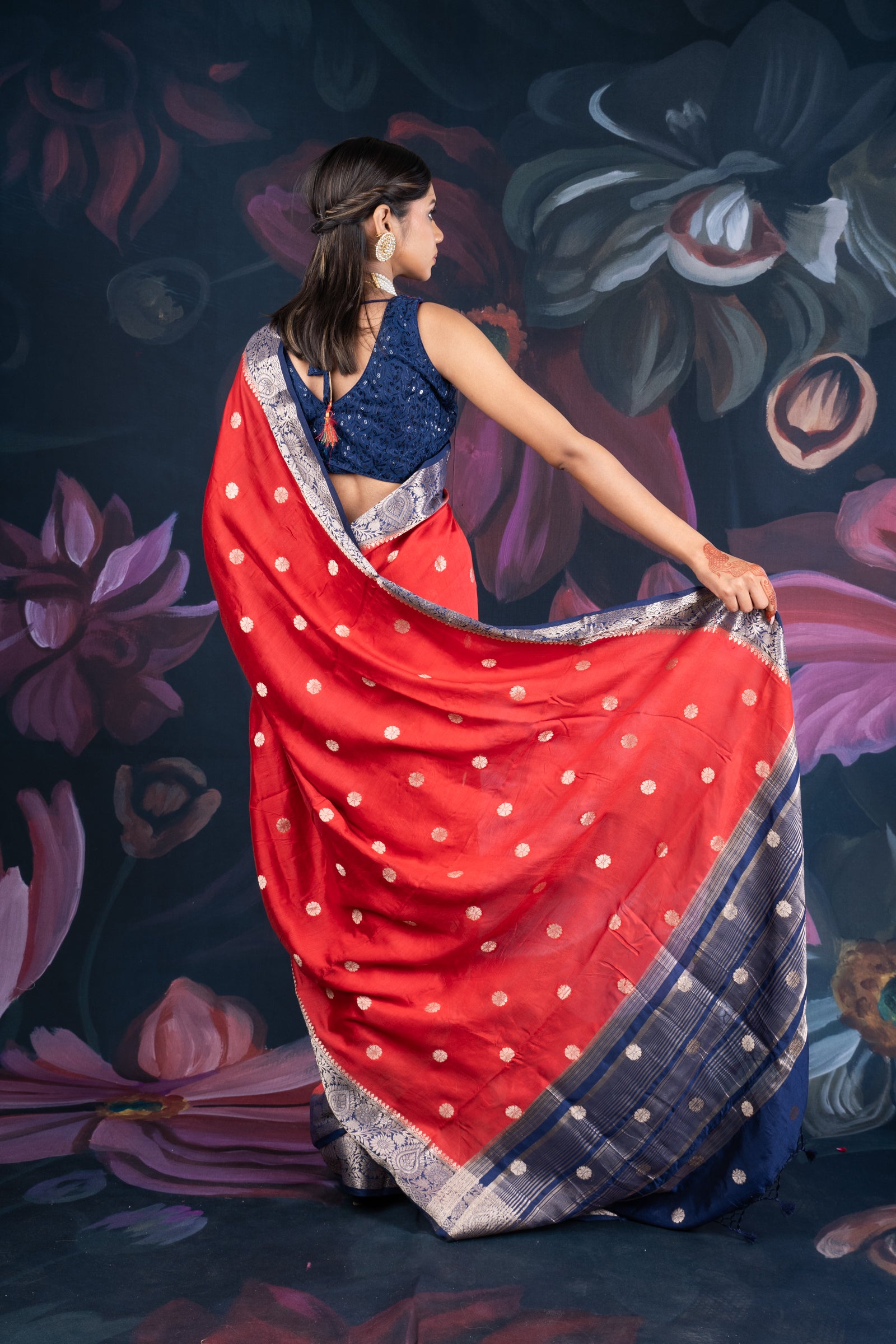 Red and Blue Assam Silk Saree with Zari Work and Contrast Border