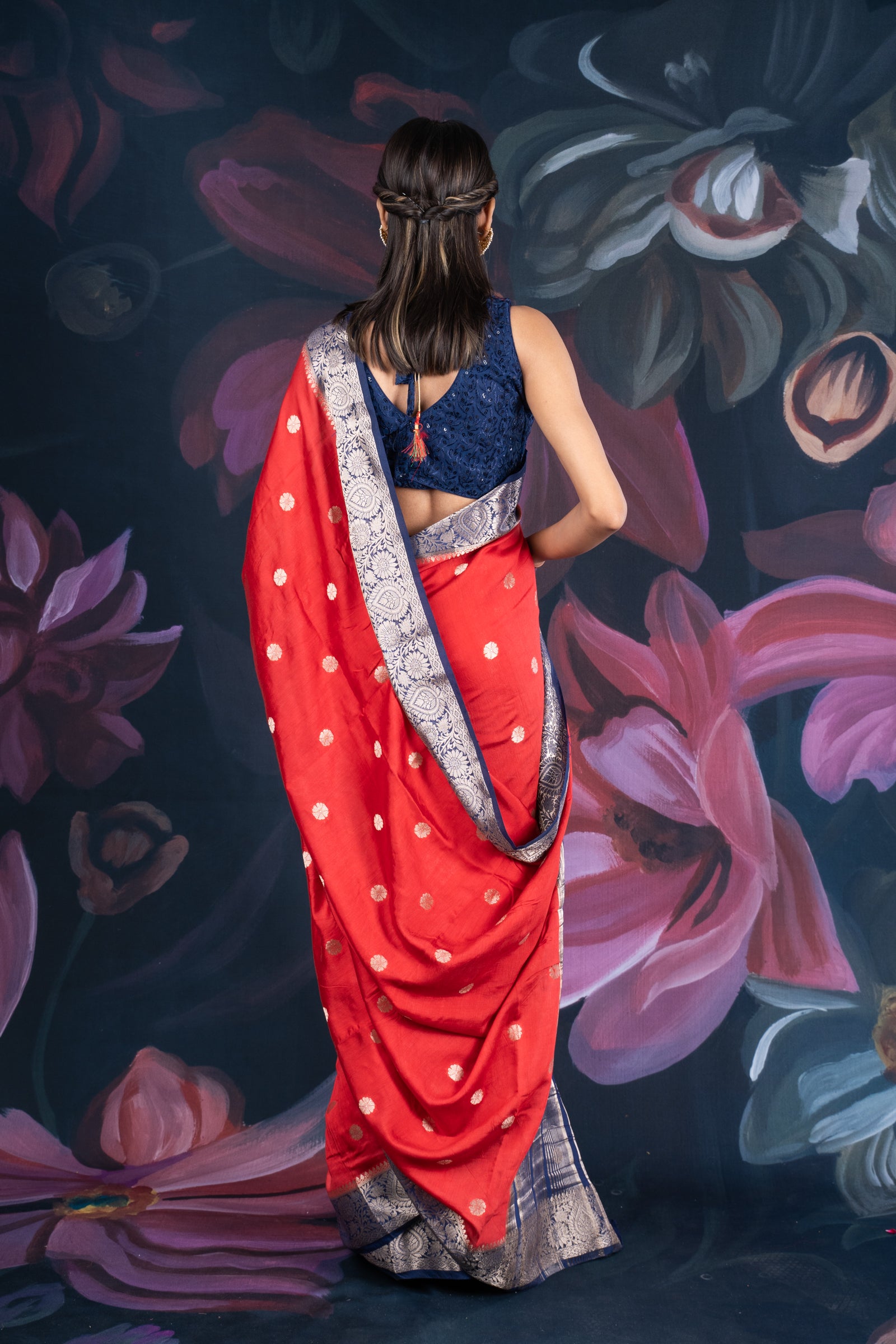 Red and Blue Assam Silk Saree with Zari Work and Contrast Border