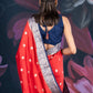 Red and Blue Assam Silk Saree with Zari Work and Contrast Border