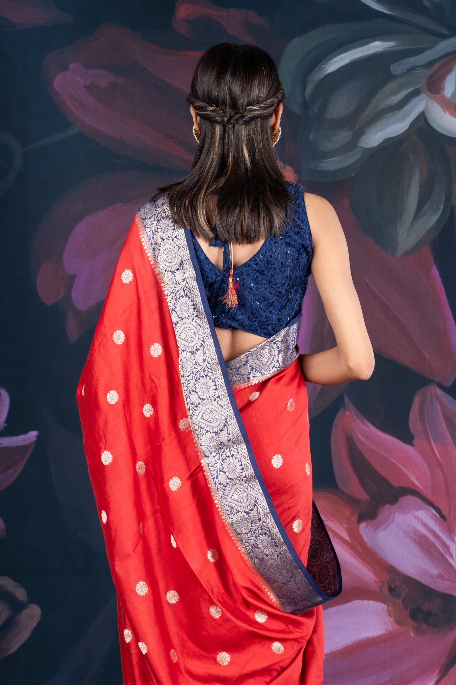 Red and Blue Assam Silk Saree with Zari Work and Contrast Border