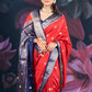 Red and Blue Assam Silk Saree with Zari Work and Contrast Border