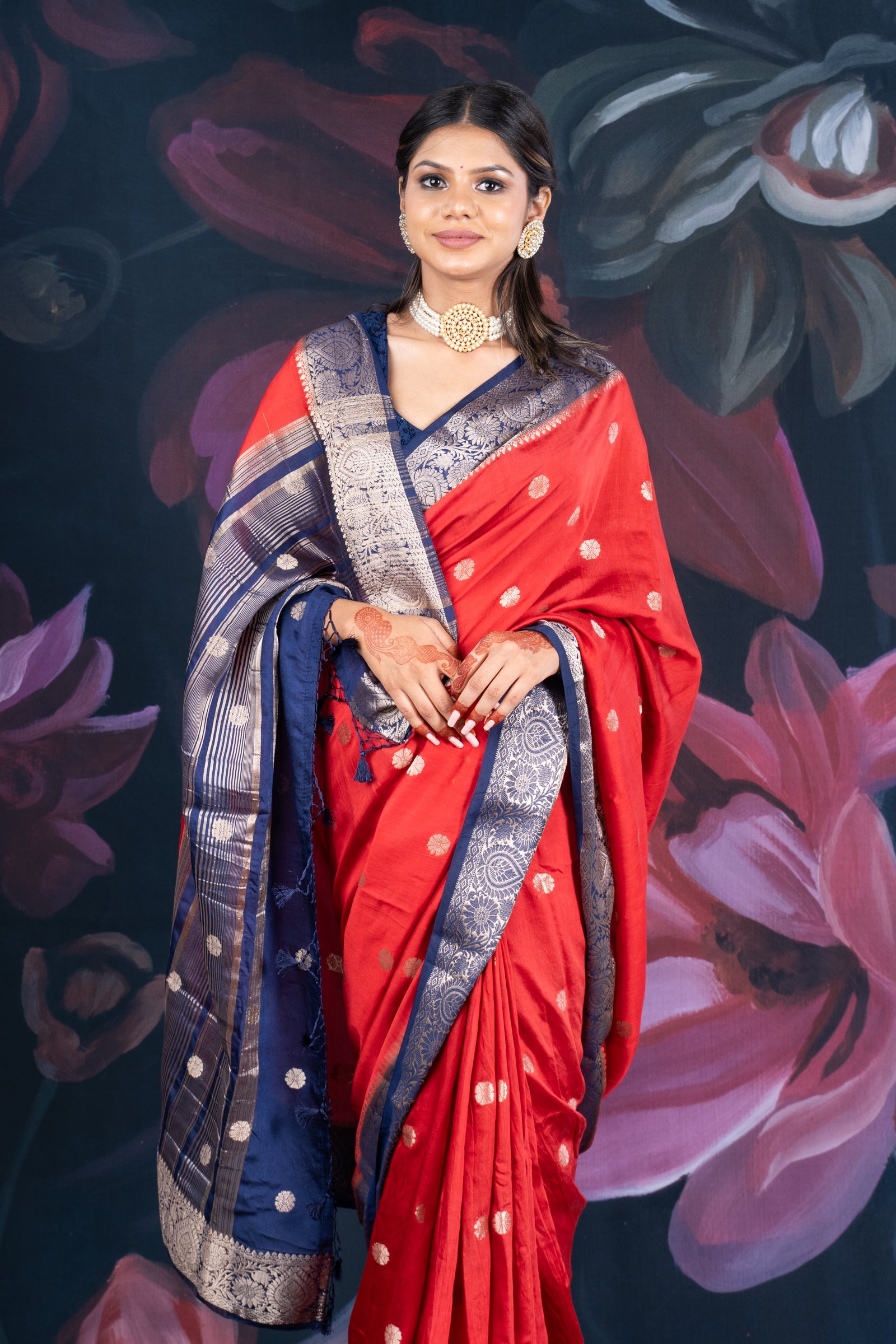 Red and Blue Assam Silk Saree with Zari Work and Contrast Border