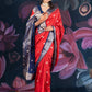 Red and Blue Assam Silk Saree with Zari Work and Contrast Border