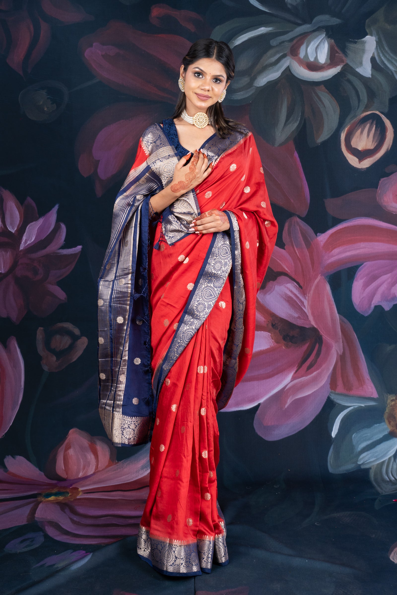 Red and Blue Assam Silk Saree with Zari Work and Contrast Border