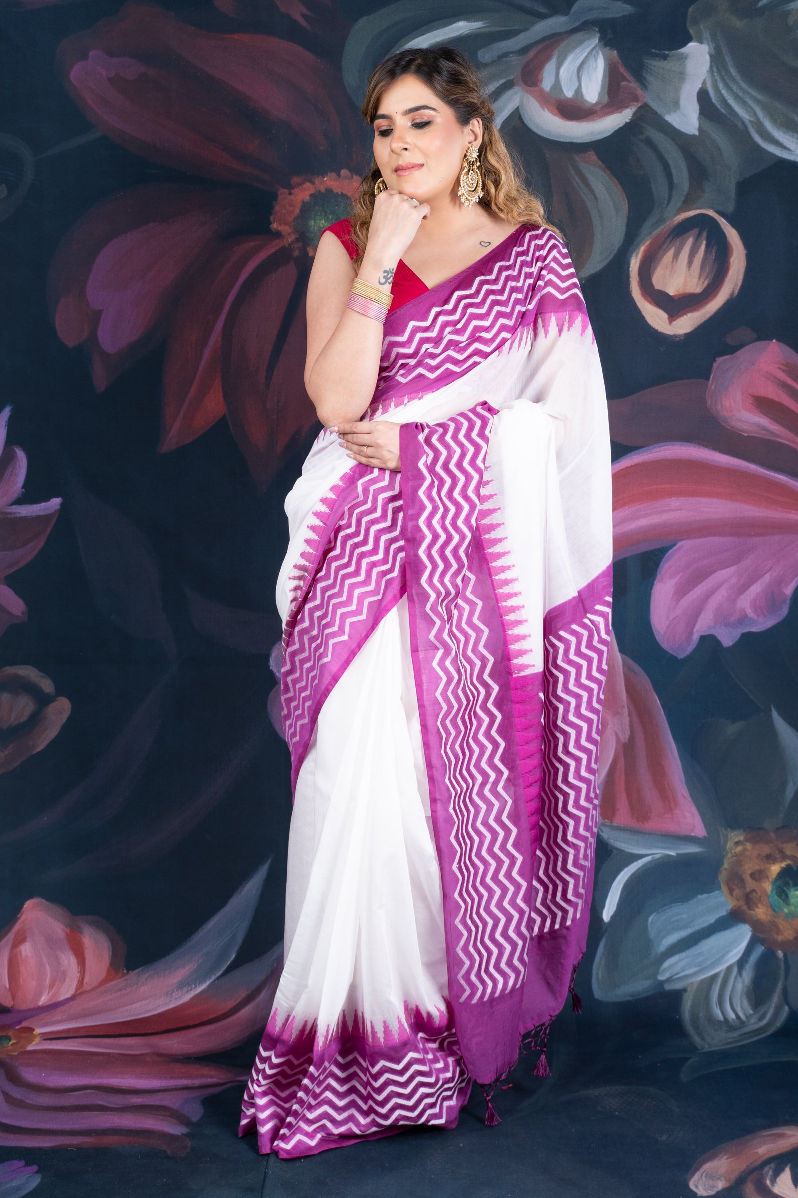 White and Purple Chanderi Cotton Saree with Contrast Pallu and Temple Border