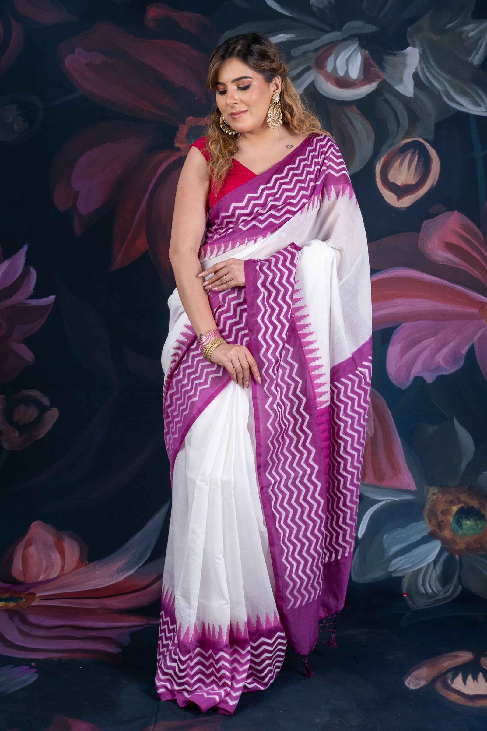 White and Purple Chanderi Cotton Saree with Contrast Pallu and Temple Border